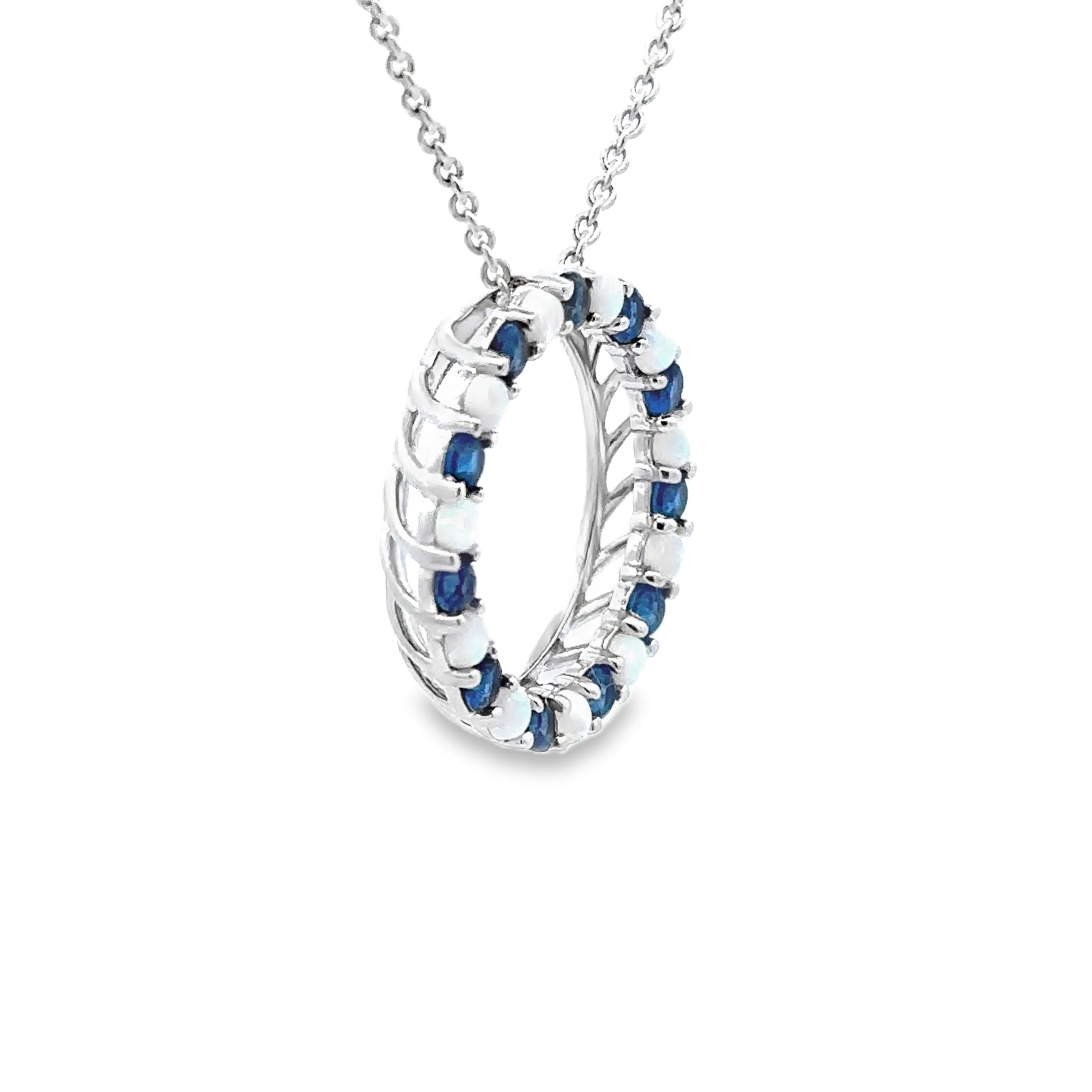 Sterling Silver Created Sapphire & Created Opal Open Circle Pendant Necklace