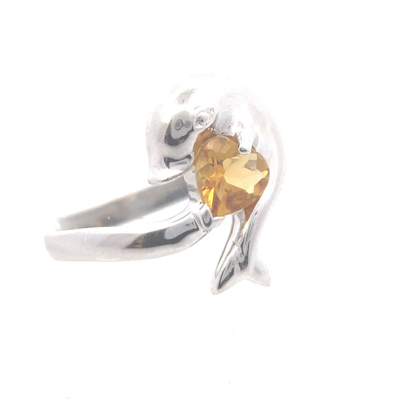 Sterling Silver Citrine Heart Dolphin Ring