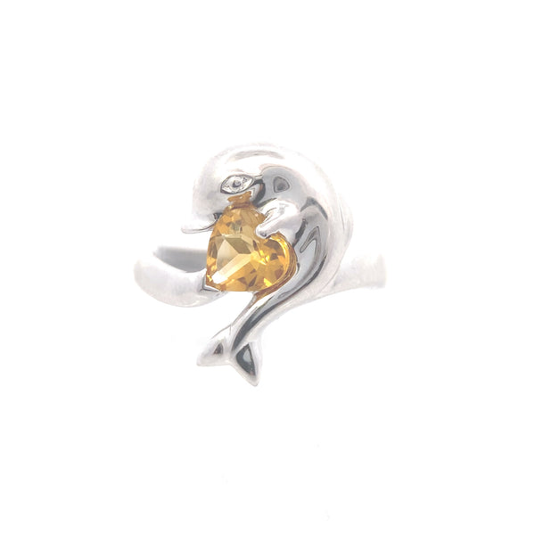 Sterling Silver Citrine Heart Dolphin Ring