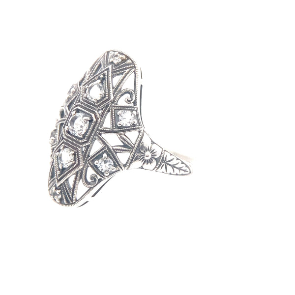 Sterling Silver White Topaz Art Deco Filigree Ring