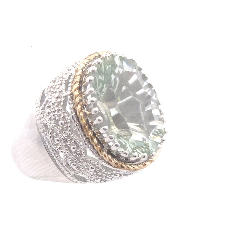 Sterling Silver Green Amethyst with 14K Yellow Gold Twist Accent Ring
