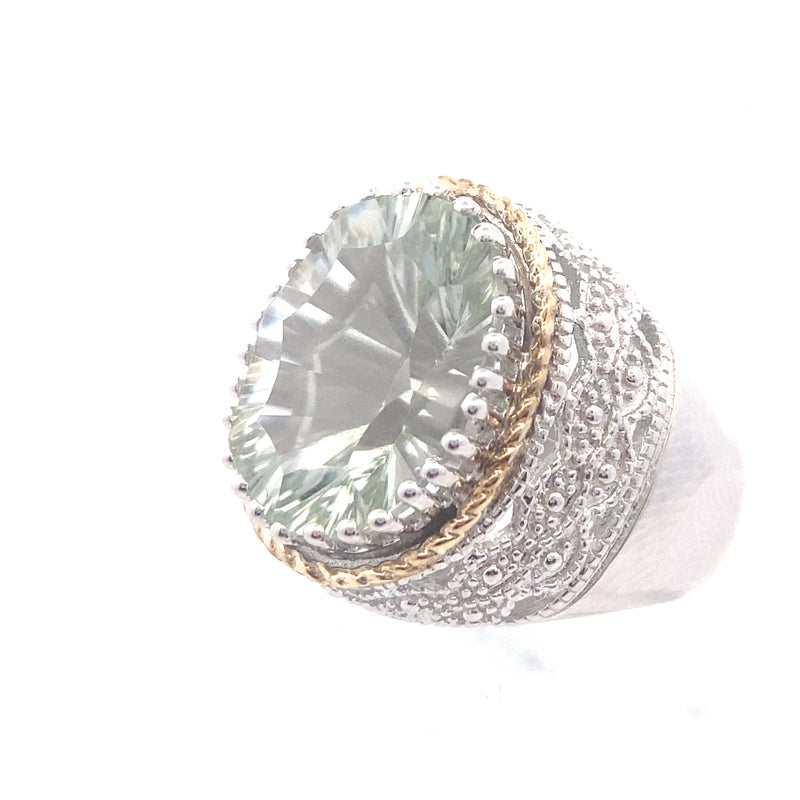 Sterling Silver Green Amethyst with 14K Yellow Gold Twist Accent Ring