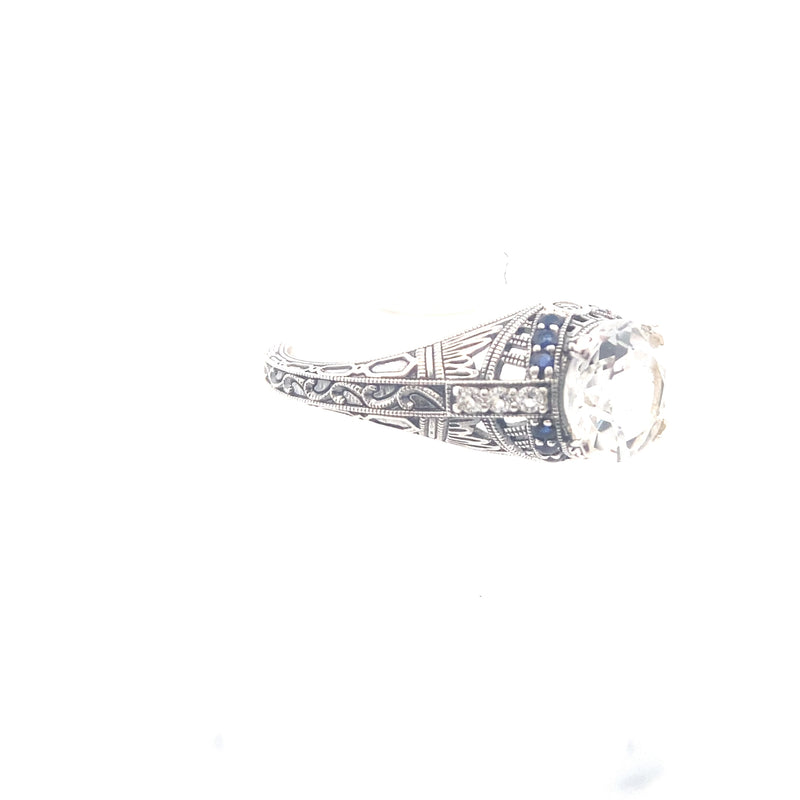 Sterling Silver White Topaz & Blue Sapphire Period-Cut Ring