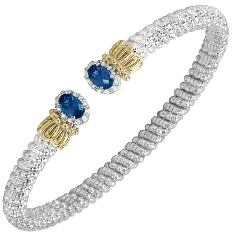 VAHAN Sterling Silver & 14K Yellow Gold Oval London Blue Topaz & 0.12CTW. Diamond 4MM Stackable Open Bracelet