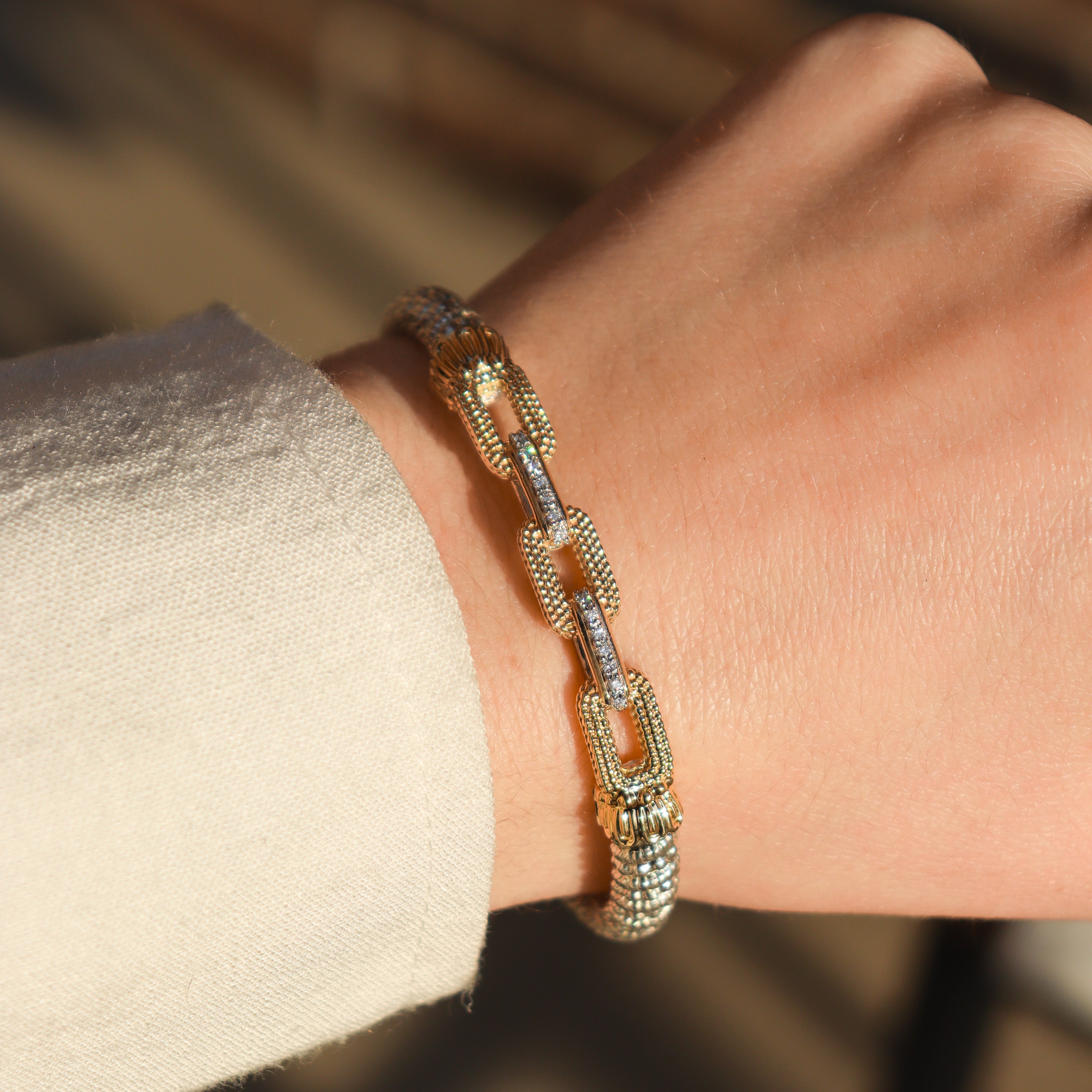 Alwand Vahan Link Style Bangle Bracelet on a wrist in front of neutral background.