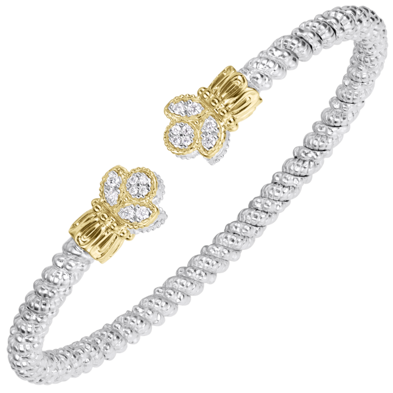 VAHAN 14K Yellow Gold Accented 0.16CTW. Diamond 3MM Stackable Sterling Silver Cuff Bracelet With Floral End Caps