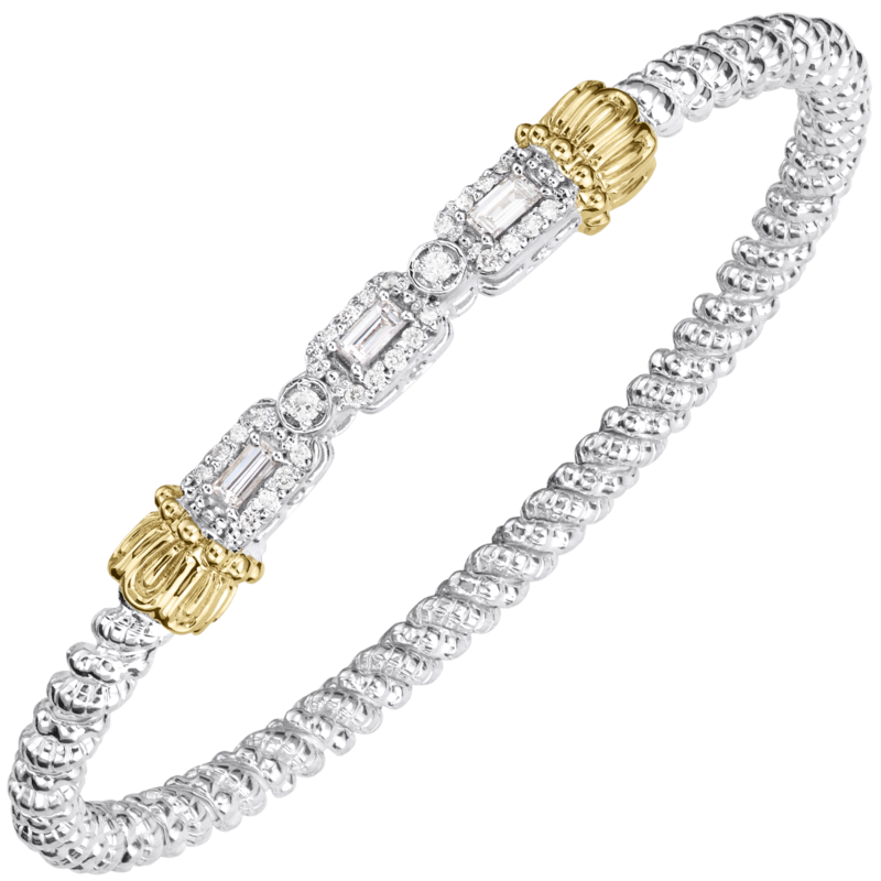 VAHAN 14K Yellow Gold Accented 0.63CTW. Diamond 3MM Stackable Sterling Silver Bangle Emerald cut Bracelet