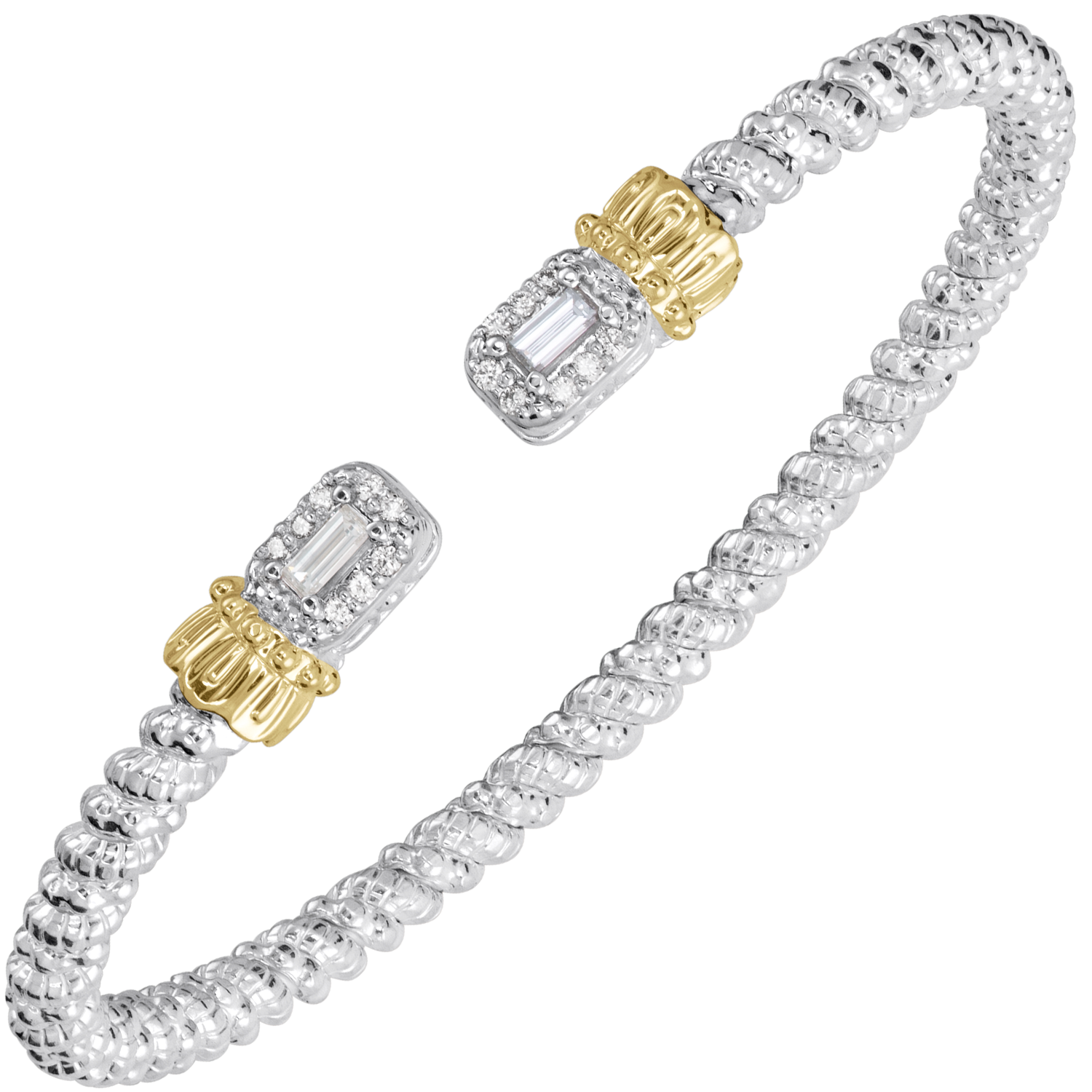 VAHAN Sterling Silver & 14K Yellow Gold 0.12CTW. Diamond 3MM Stackable Cuff Bracelet With Baguetts