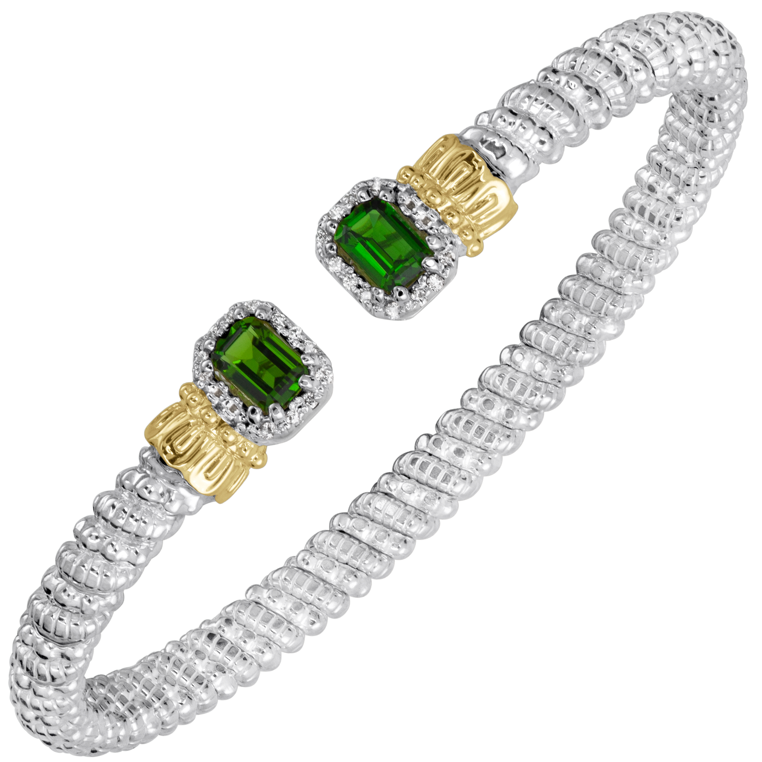 VAHAN 14K Yellow Gold Accented Chrome Diopside & 0.11CTW. Diamond 4MM Stackable Sterling Silver Open Bracelet
