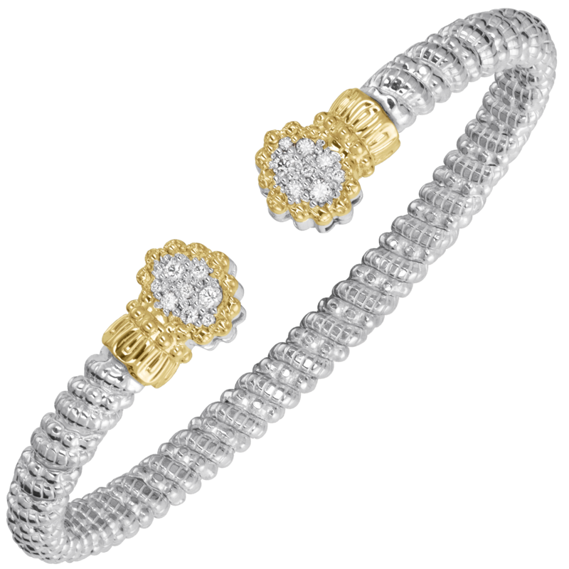 VAHAN 14K Yellow Gold Accented 0.25CTW. Diamond 4MM Stackable Sterling Silver Cuff Bracelet With Refined Crown Accents