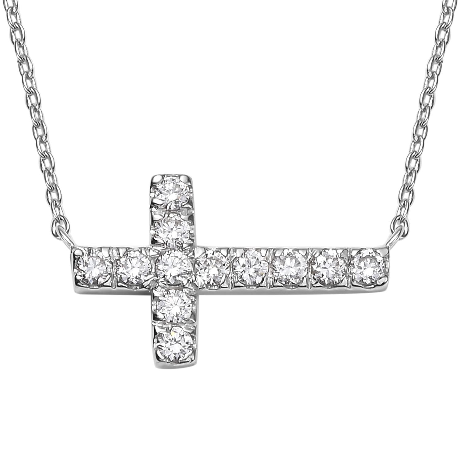 Sterling Silver 0.48CTW. Lab-Grown Diamond East-to-West Cross Necklace