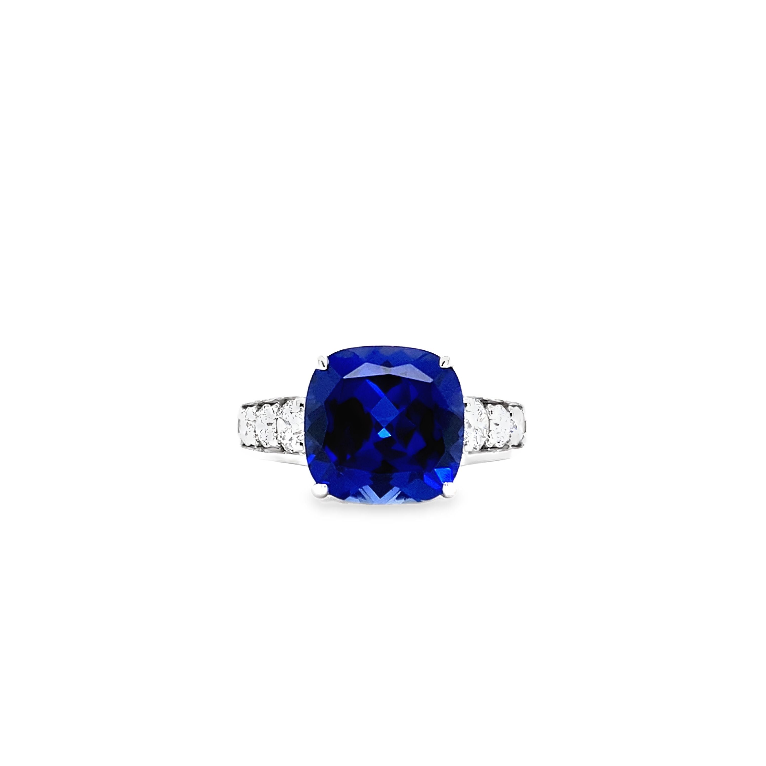 14K White Gold Cushion-Cut Lab-Grown Blue Sapphire & 0.62CTW. Lab-Grown Diamond Fashion Ring
