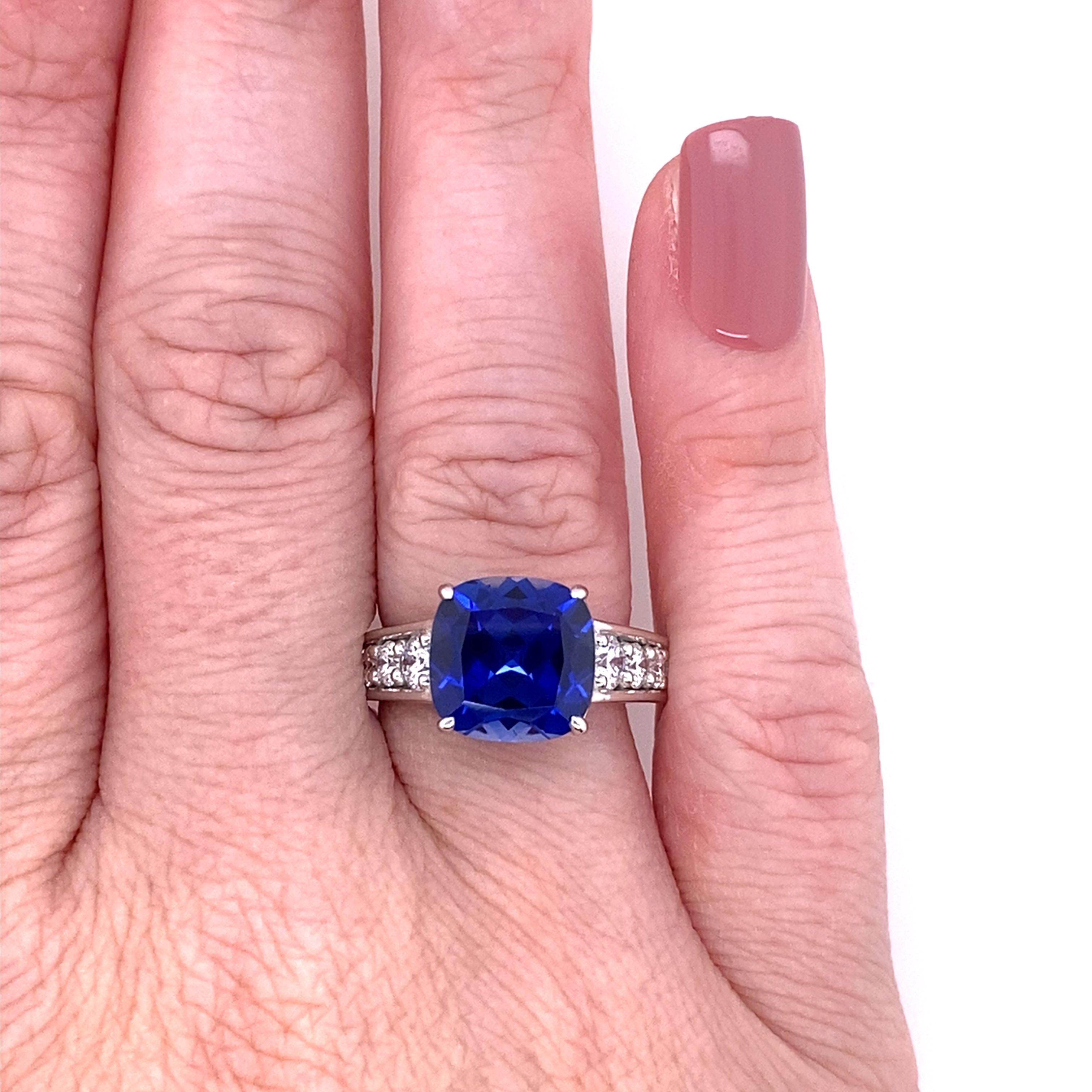 14K White Gold Cushion-Cut Lab-Grown Blue Sapphire & 0.62CTW. Lab-Grown Diamond Fashion Ring