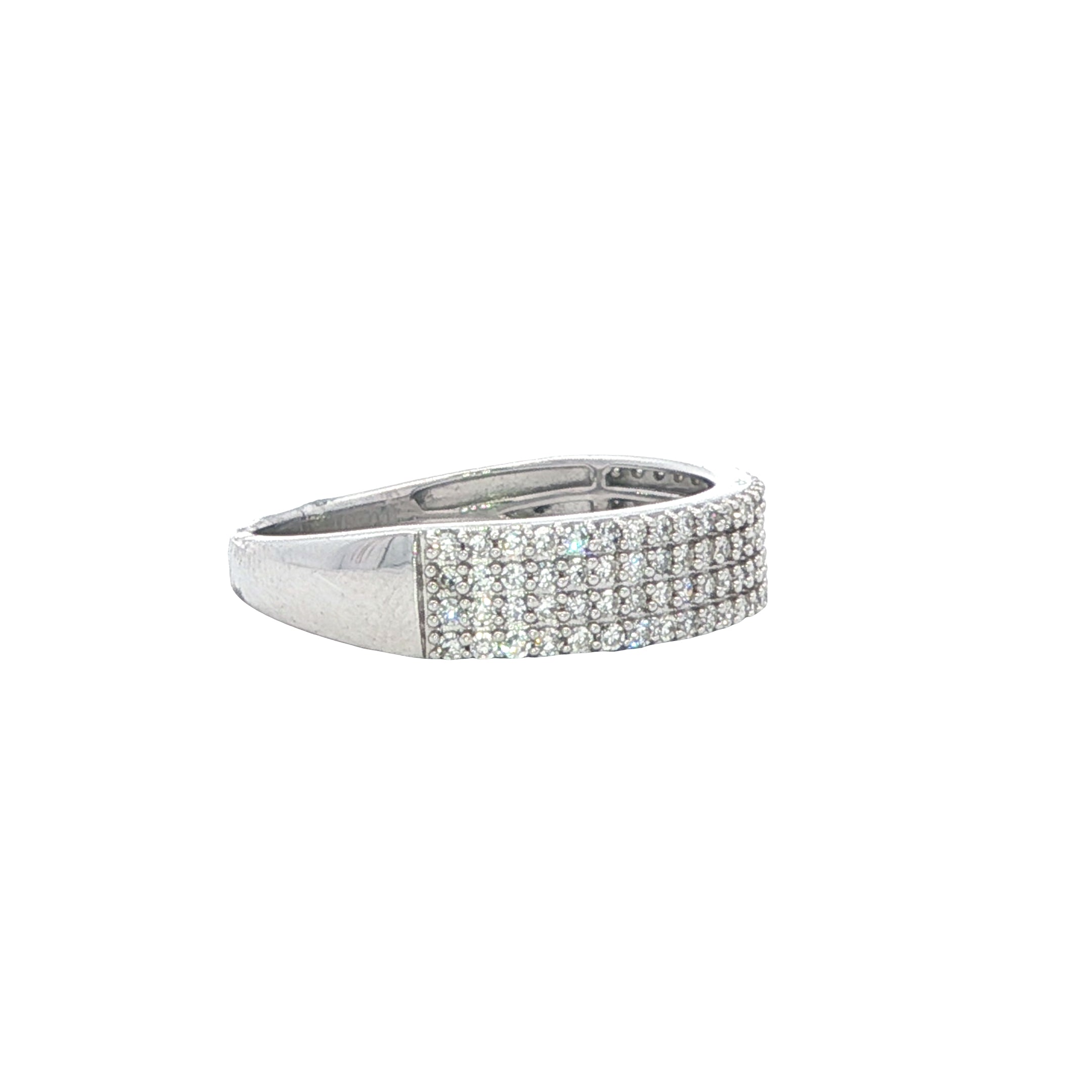 Silver ring with multiple rows of diamonds on a white background