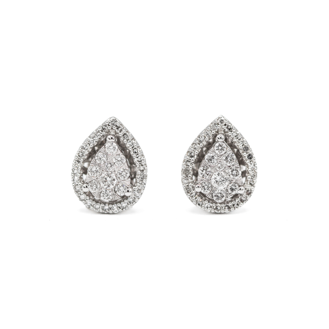 Front View of 10K White Gold 1/2CT. Pear Cluster Halo Stud Earrings on a white background