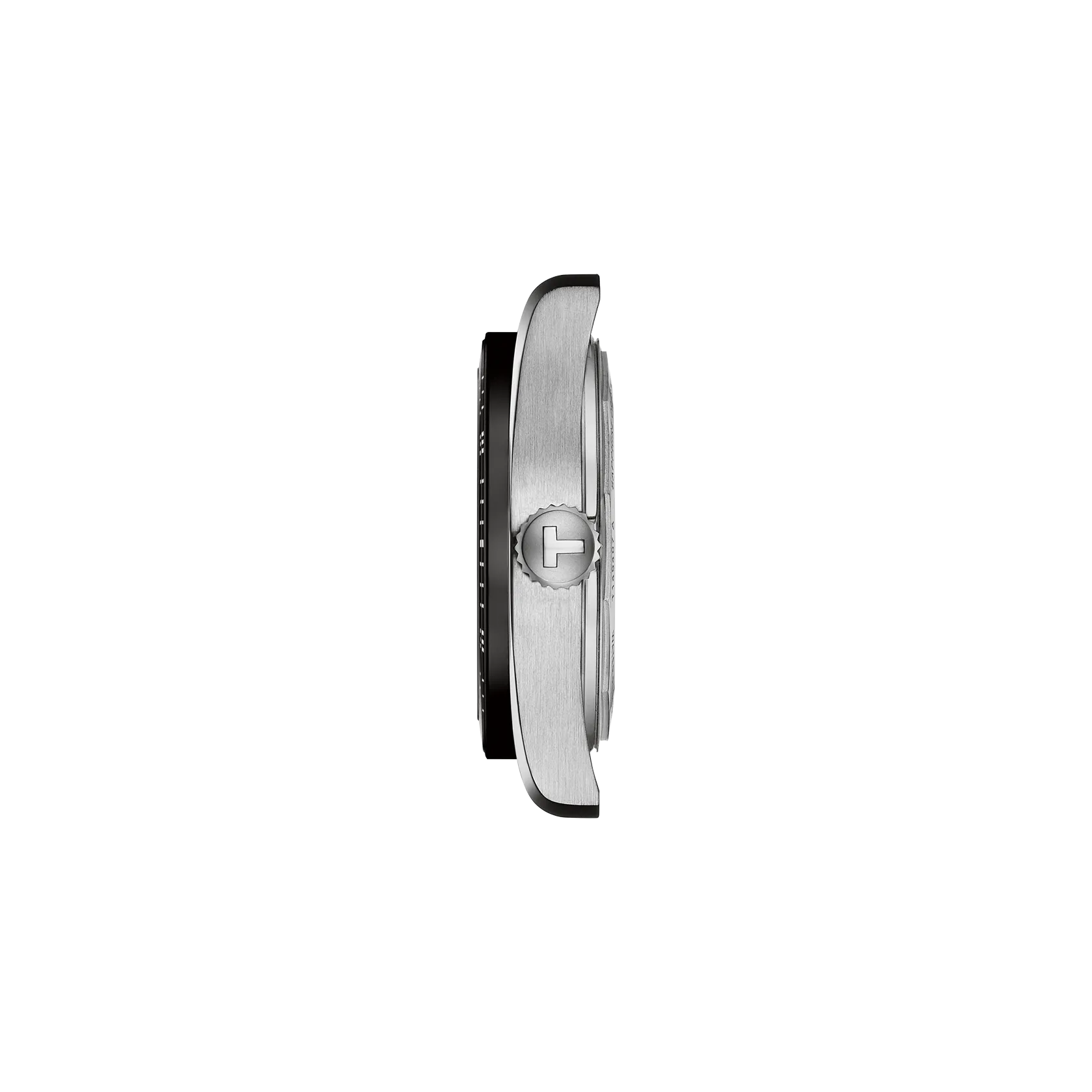 Side view of a silver watch on a white background