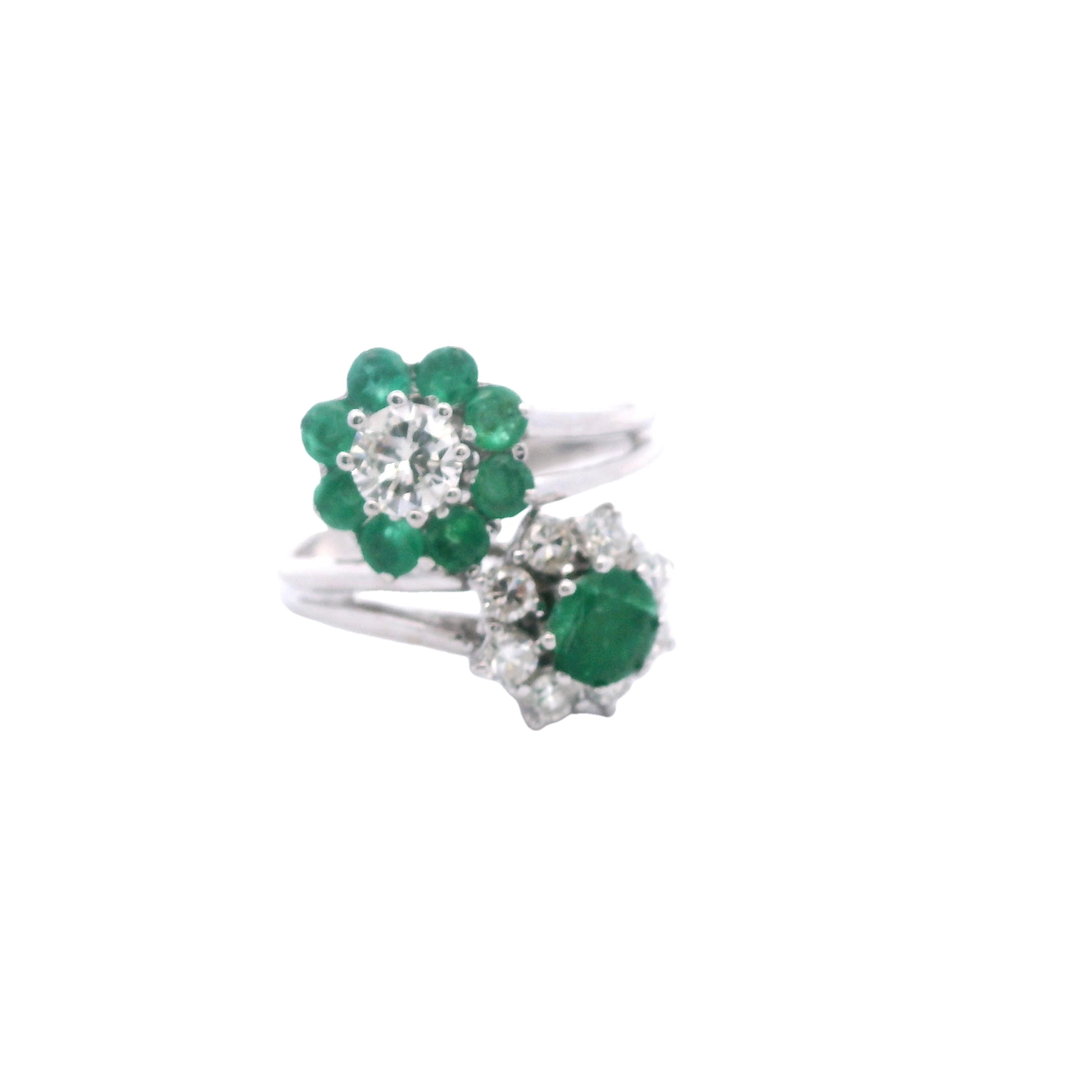 Estate Collection: 18K White Gold Emerald & Diamond Vintage Flower Ring