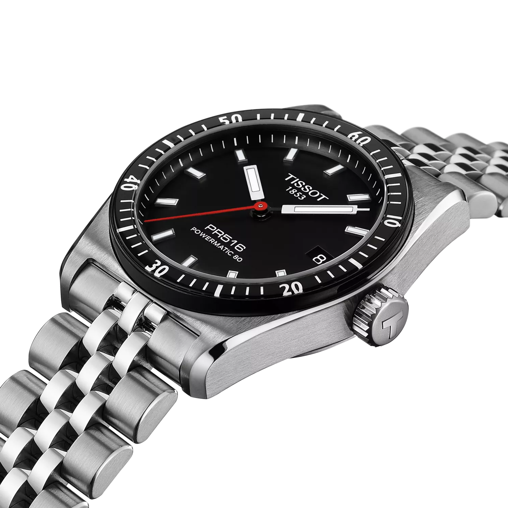 Tissot watch with black dial and silver metal bracelet on a white background