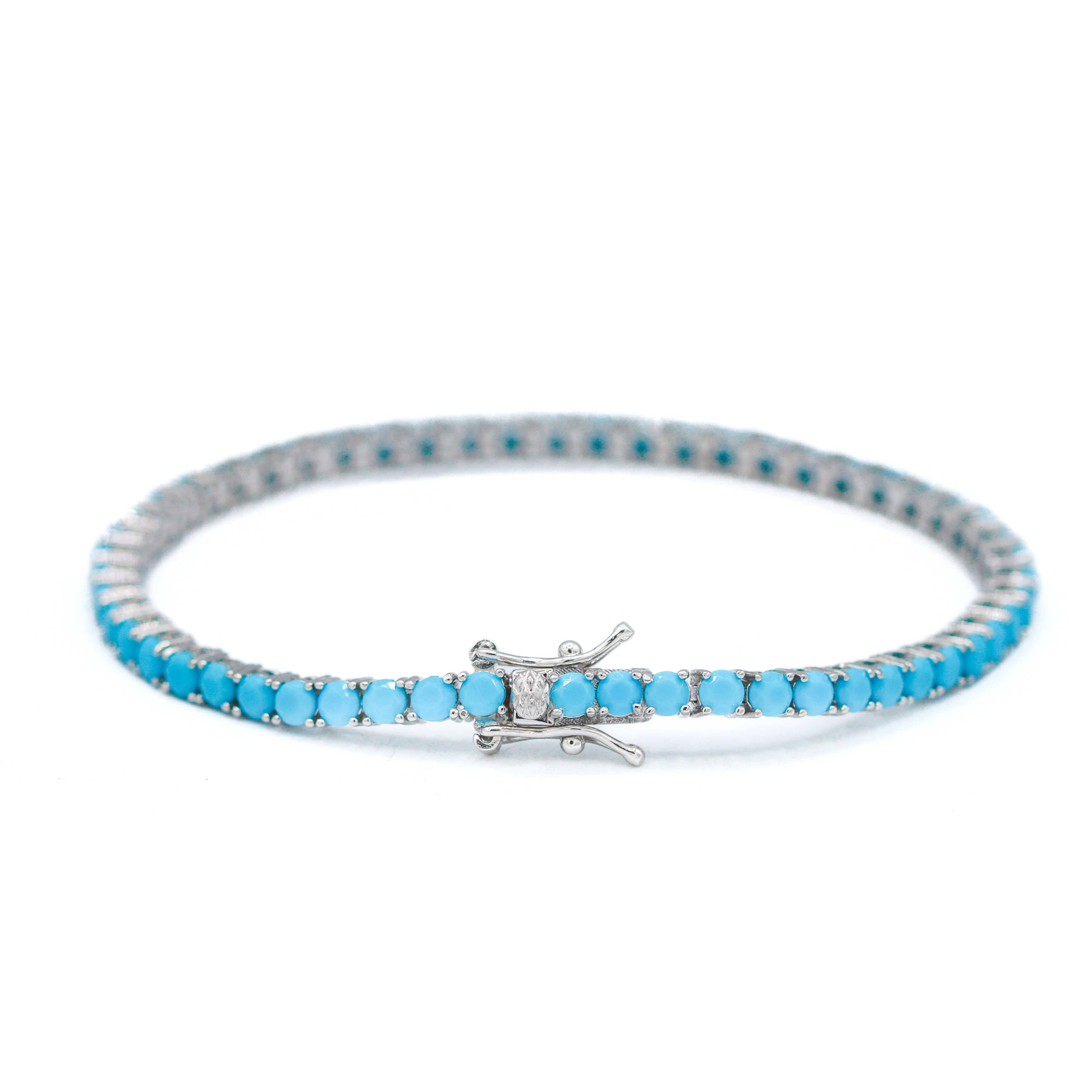 Sterling Silver 3.0MM Round Created Turquoise 7" Tennis Bracelet