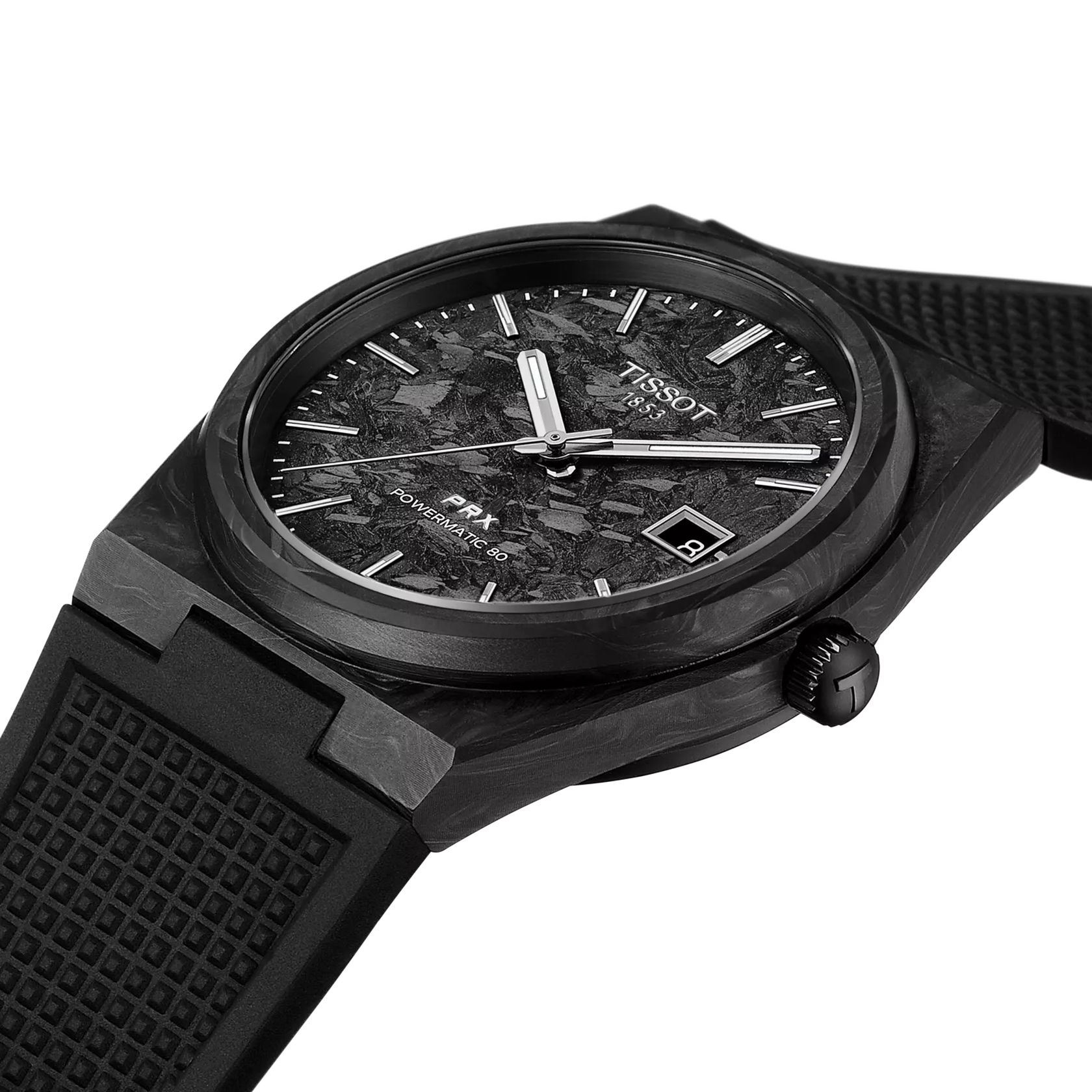 Black Tissot watch with detailed face on a white background