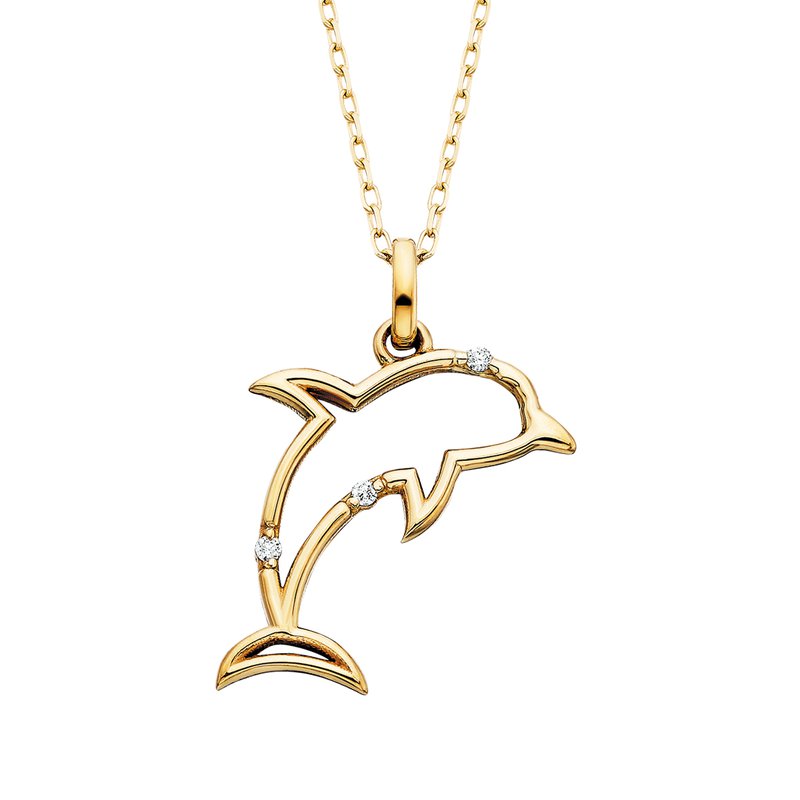 Close up of open dolphin outline pendant with diamond accents