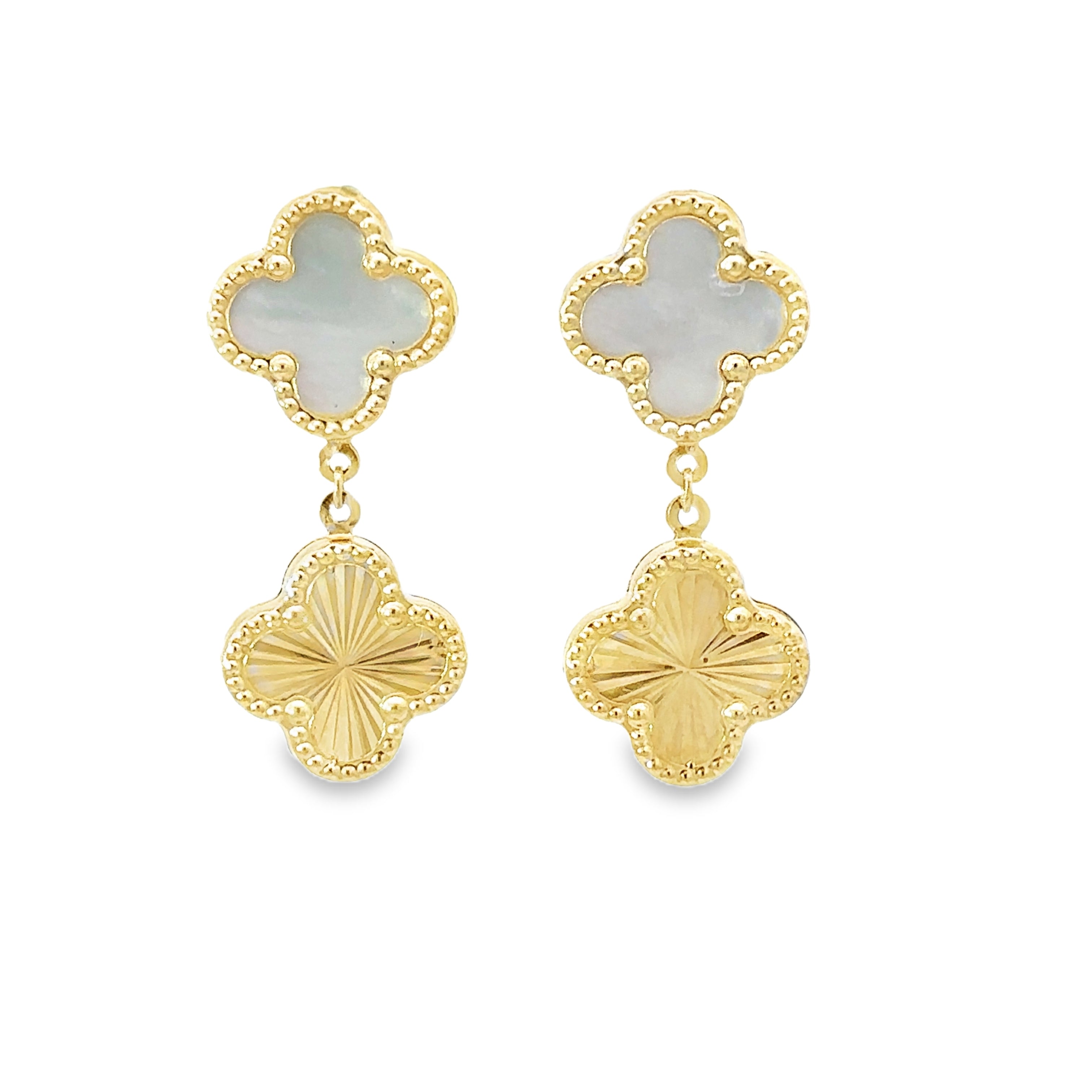 Clover Earrings, Mother of Pearl on top, Dangling Gold Starburst Pattern on Bottom