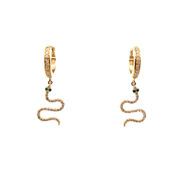 14K Yellow Gold 1/3 CT. Diamond Snake Dangle Huggie Hoop Earrings