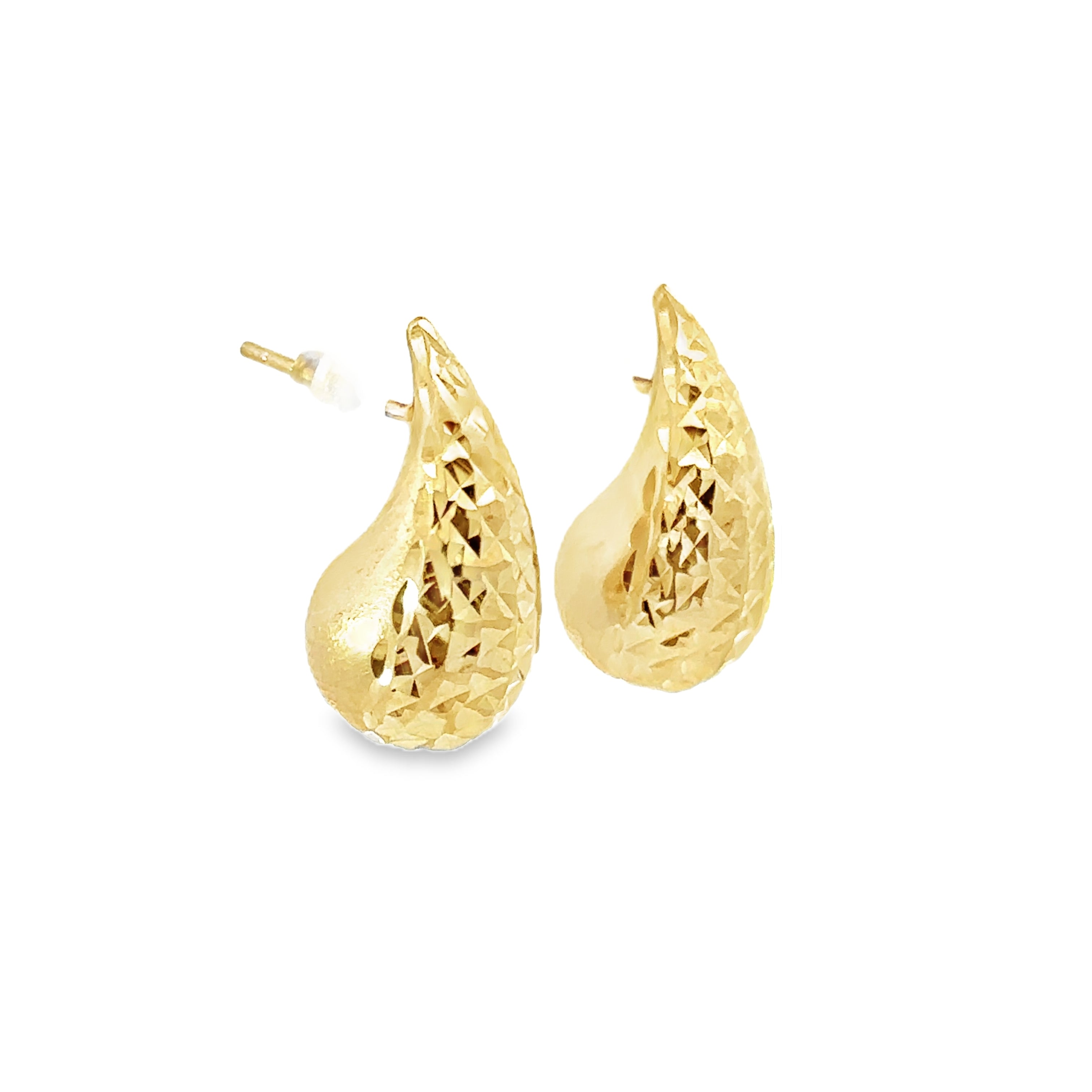 14K Yellow Gold 19.5mm Puffy Diamond-Cut Teardrop Hollow Stud Earrings