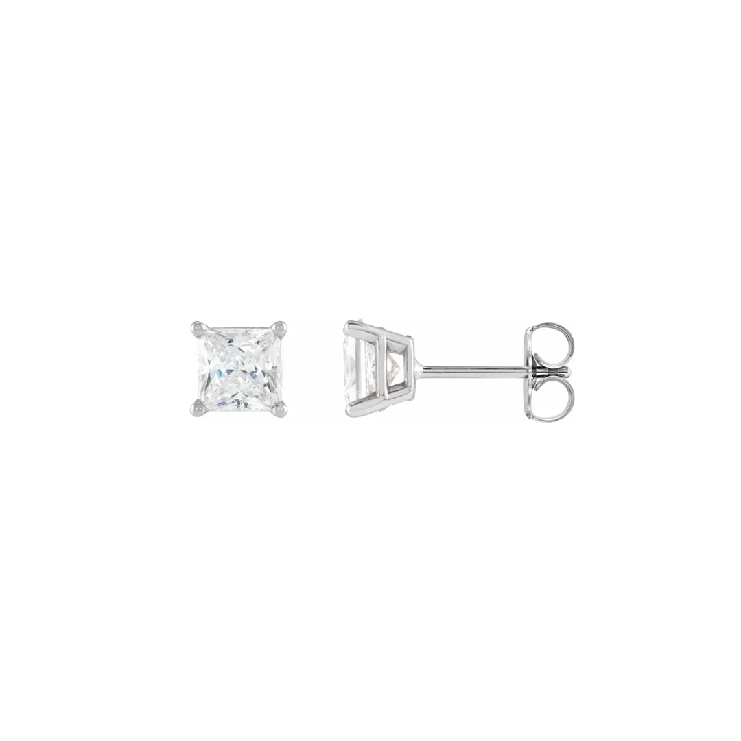 Front and side view of 14K White Gold 0.15CTW. Princess-Cut Basket-Set Diamond Solitaire Stud Earrings