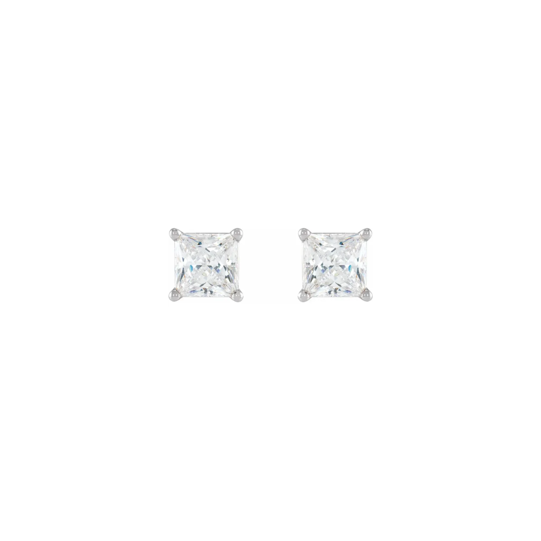 Front View of 14K White Gold 0.15CTW. Princess-Cut Basket-Set Diamond Solitaire Stud Earrings