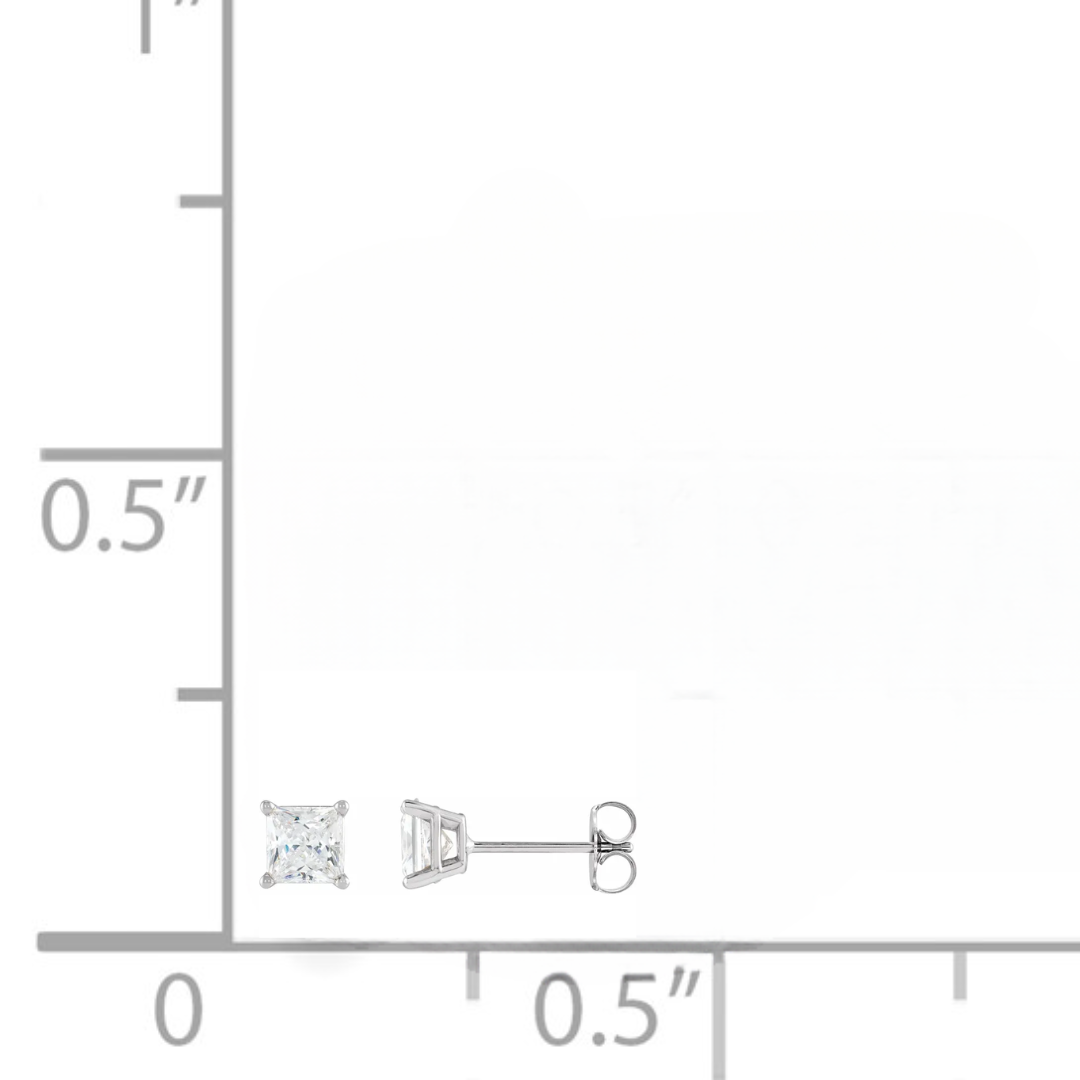 14K White Gold 0.15CTW. Princess-Cut Basket-Set Diamond Solitaire Stud Earrings with a ruler