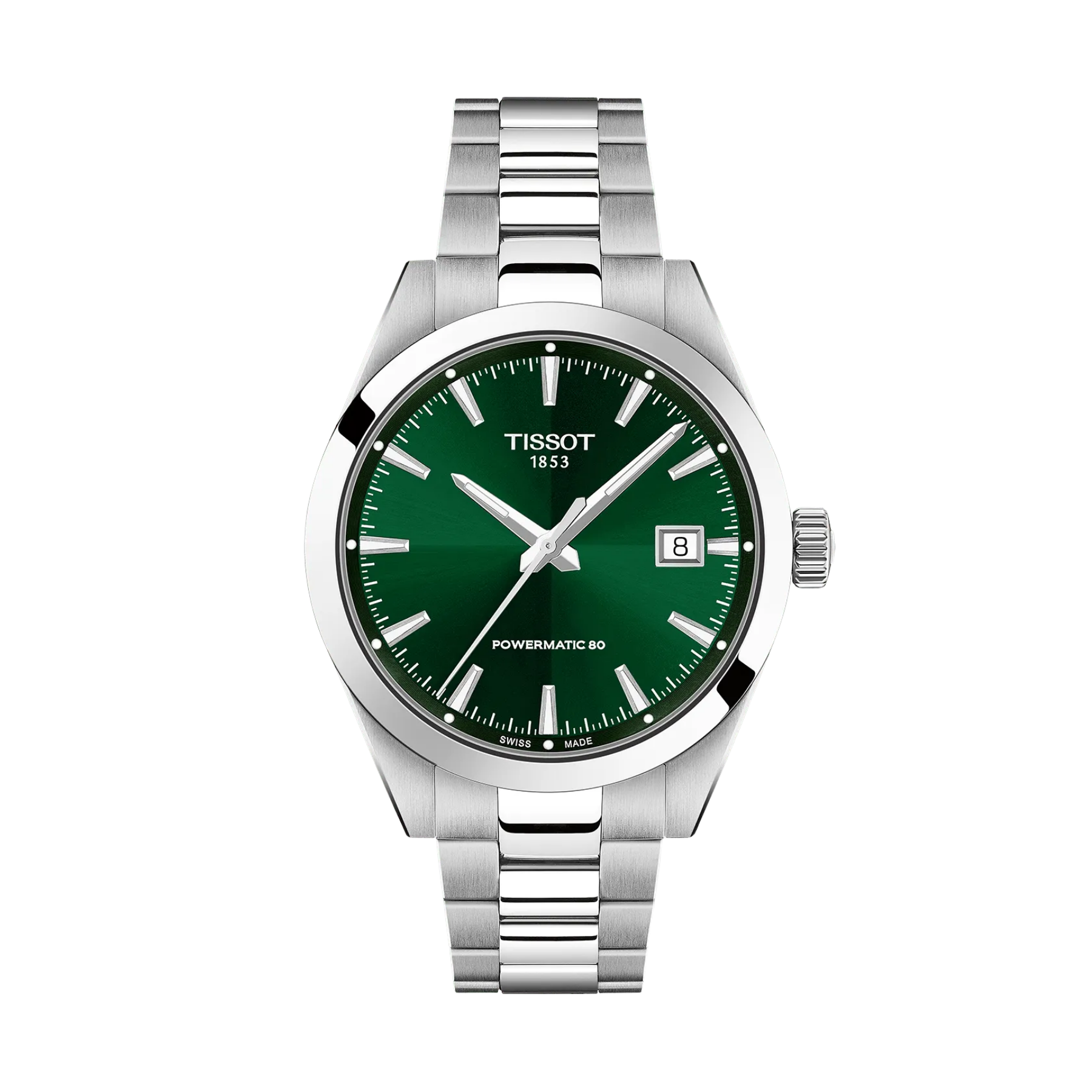 Tissot watch with green dial and silver bracelet on a white background