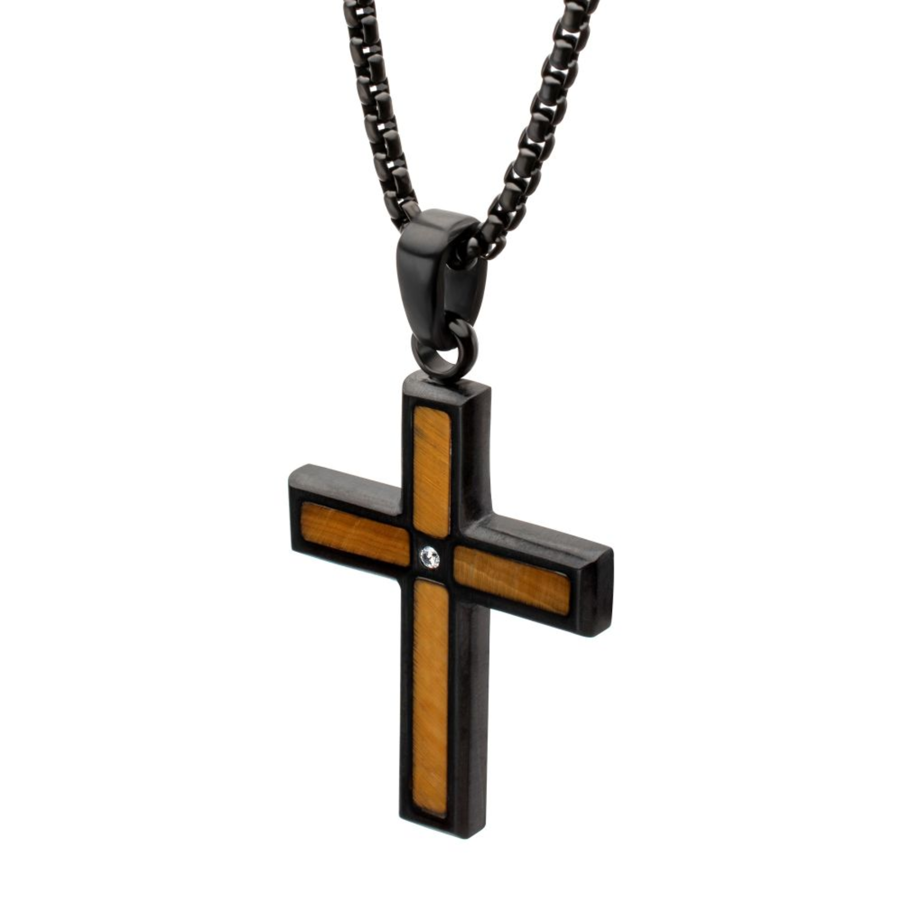 INOX Stainless Steel Matte Black Tiger's Eye Inlay & Lab-Grown Diamond Accented Cross Pendant Necklace