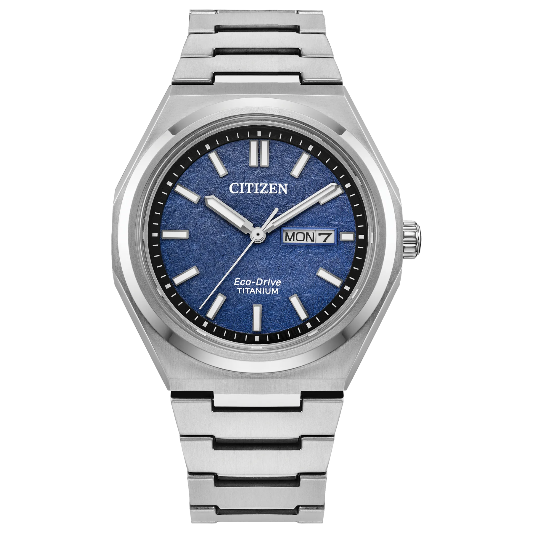 Silver Citizen watch with blue dial on a white background