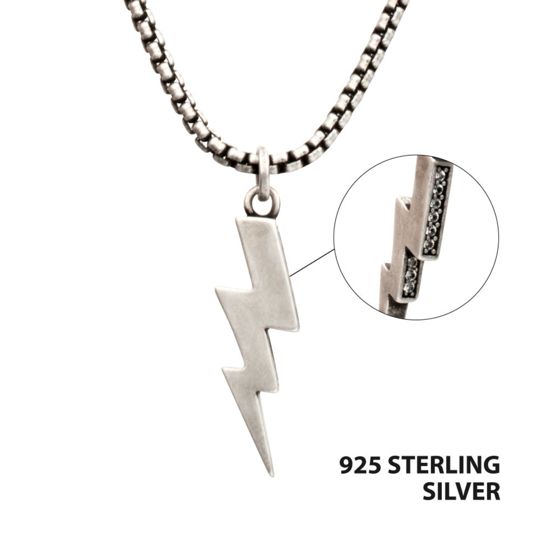 Silver lightning bolt pendant on a chain with '925 Sterling Silver' text.