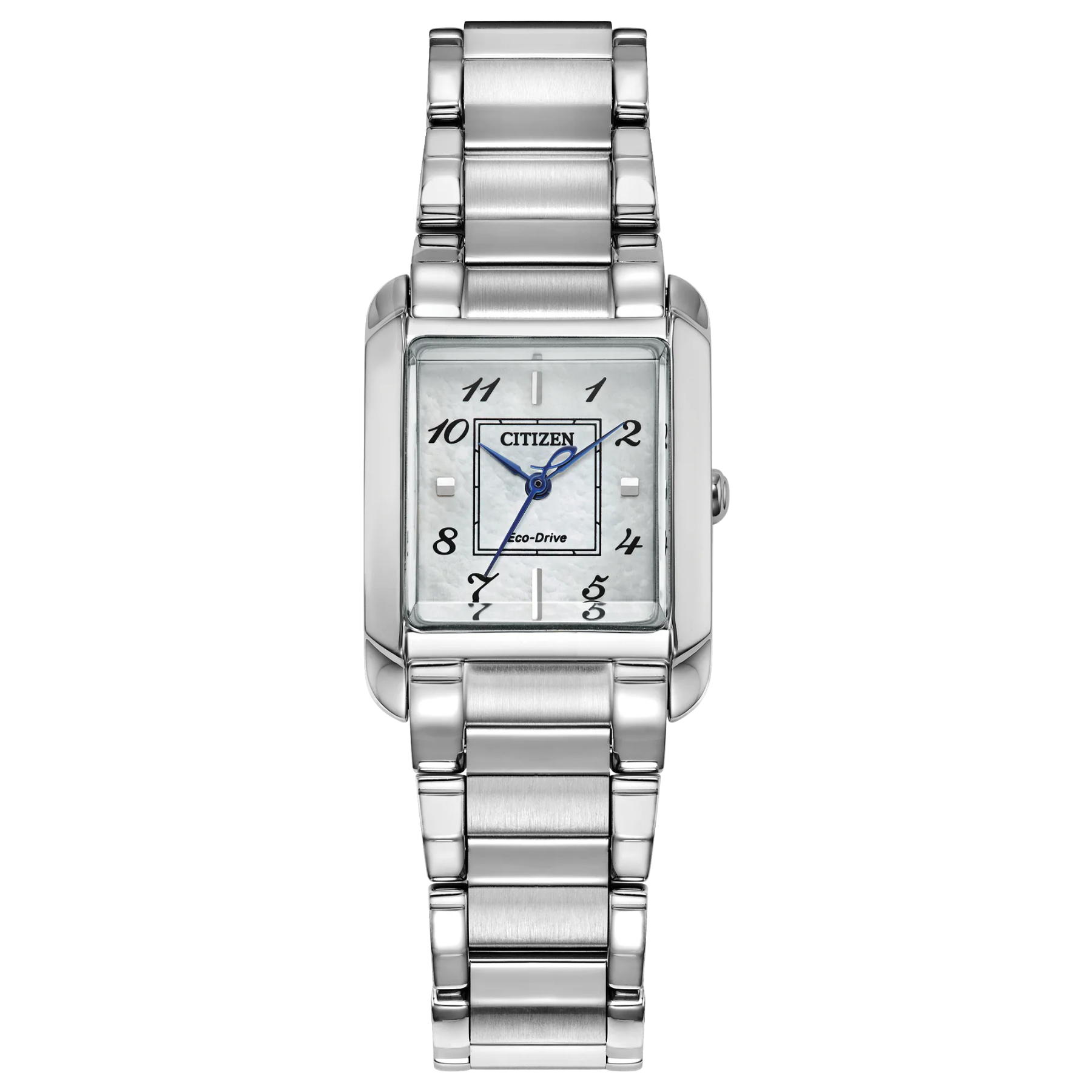 Silver watch with a white face on a white background