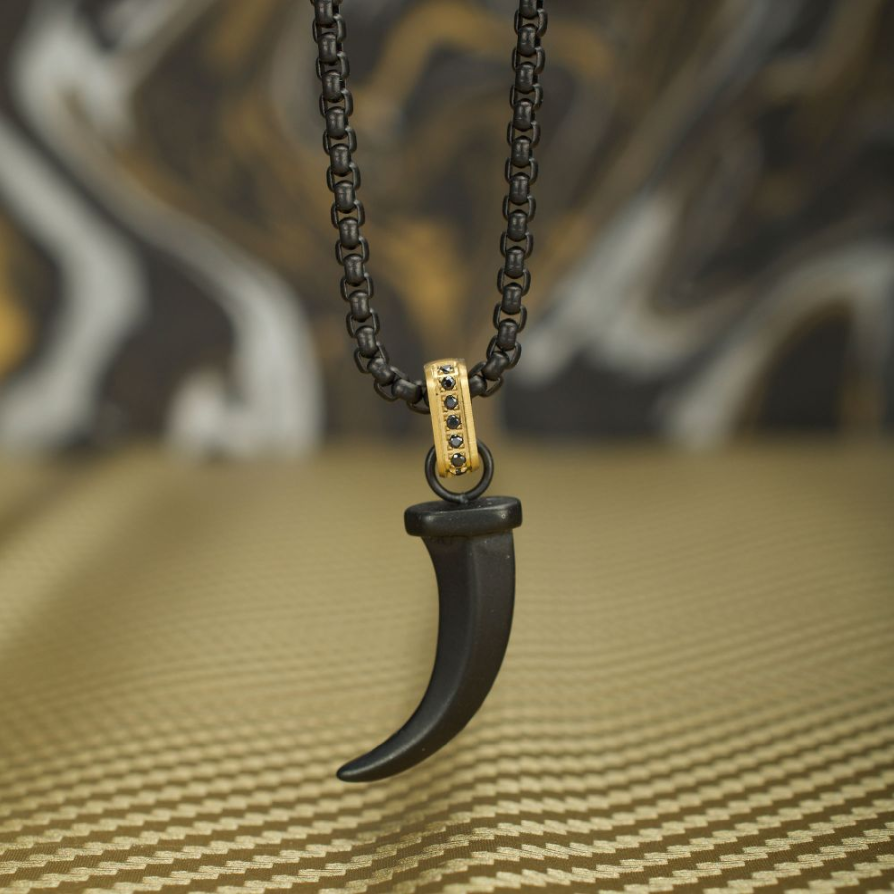 INOX Matte Black IP Steel Horn Pendant with CNC Set Black Sapphire Crown Link Bail & Black IP Steel Box Chain