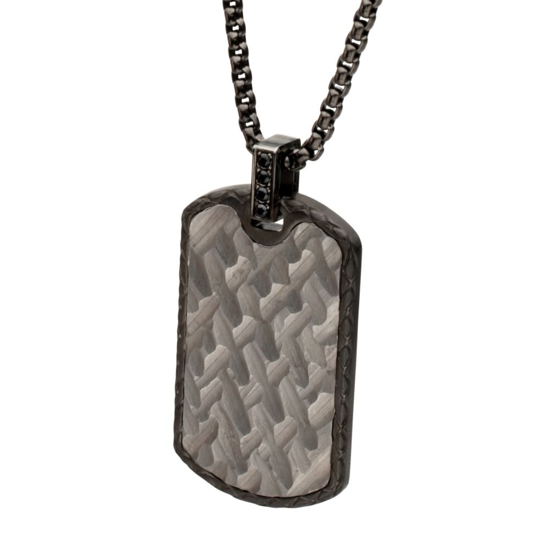 Dog tag pendant with textured surface on a white background