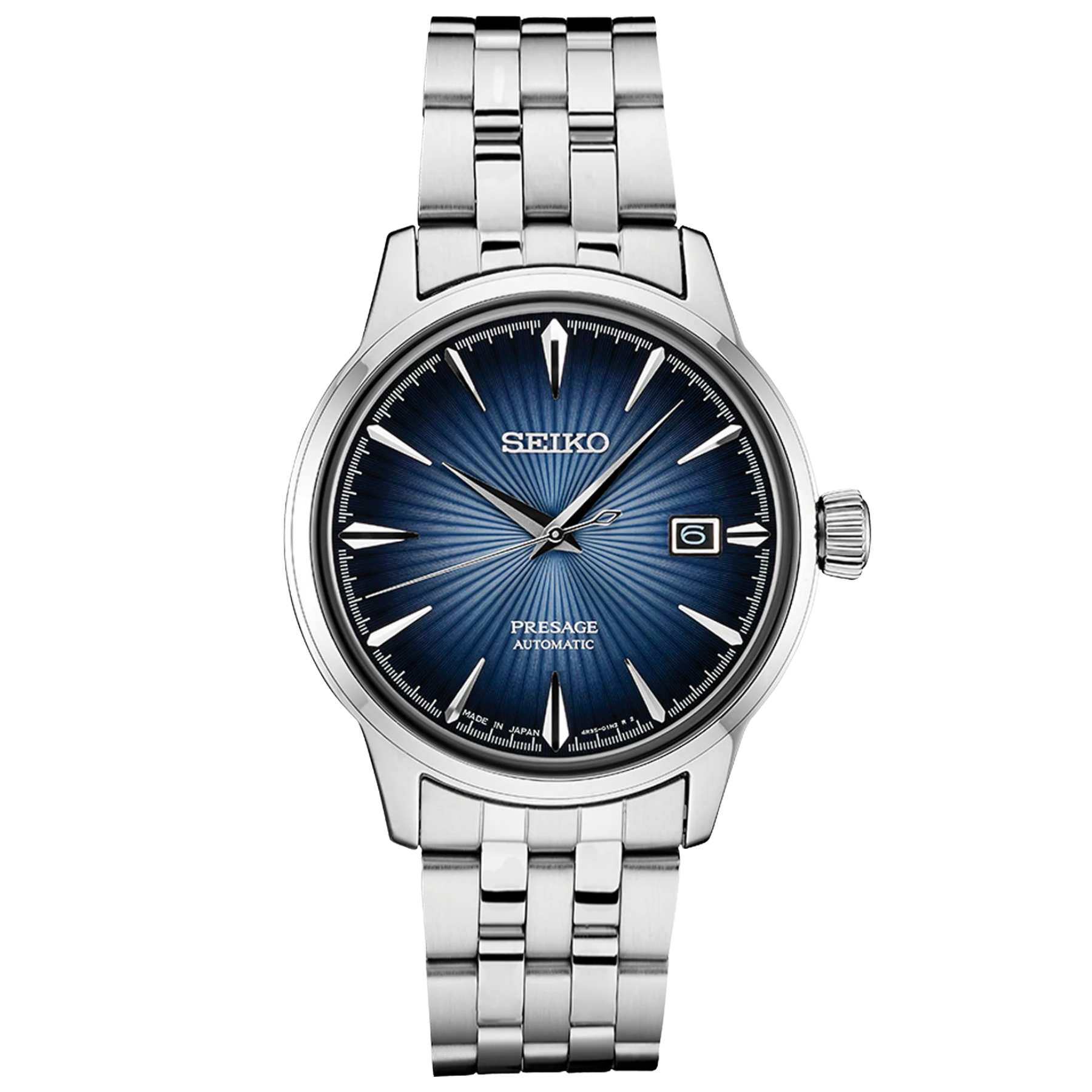 Seiko watch with blue dial and silver metal bracelet on a white background