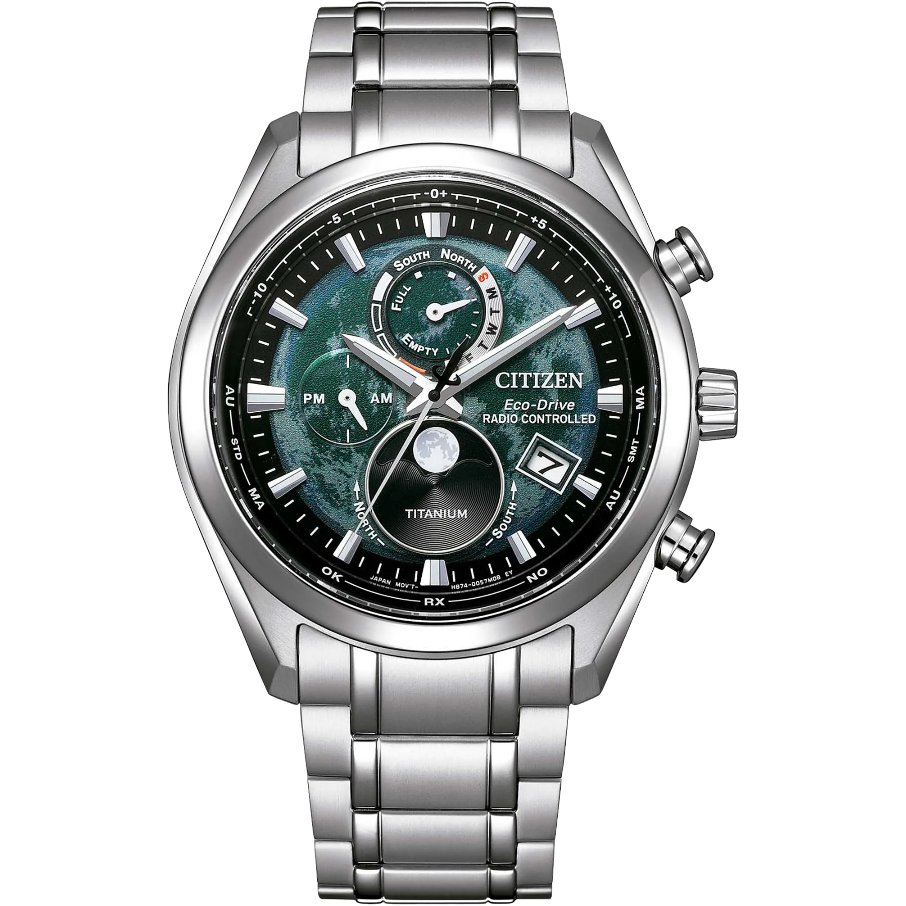 Silver watch with a detailed face on a white background