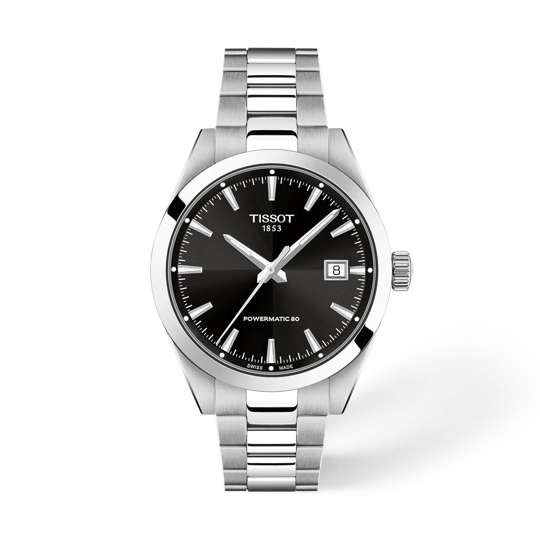 Tissot watch with blue dial and silver bracelet on a white background