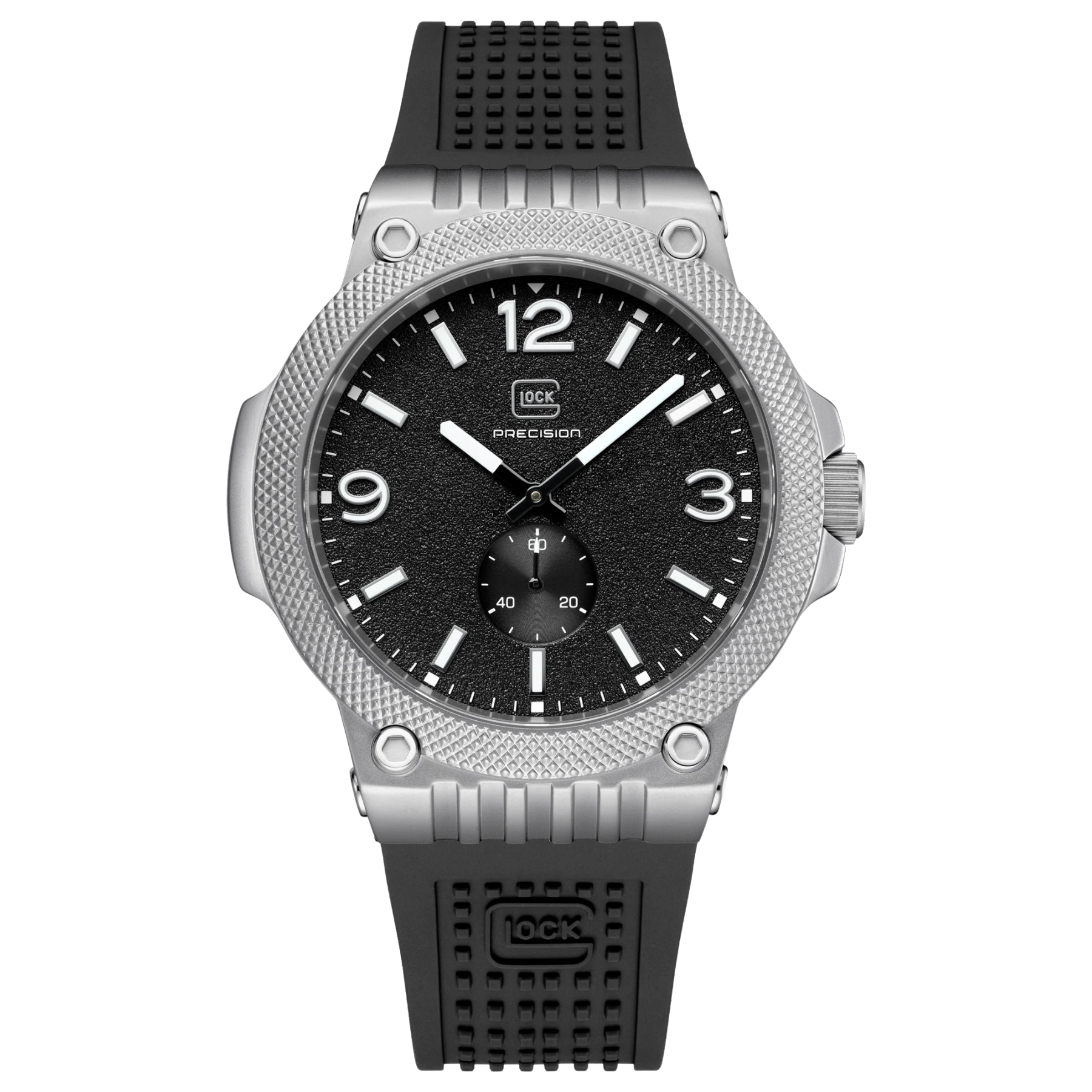 Silver watch with black strap and face on a white background