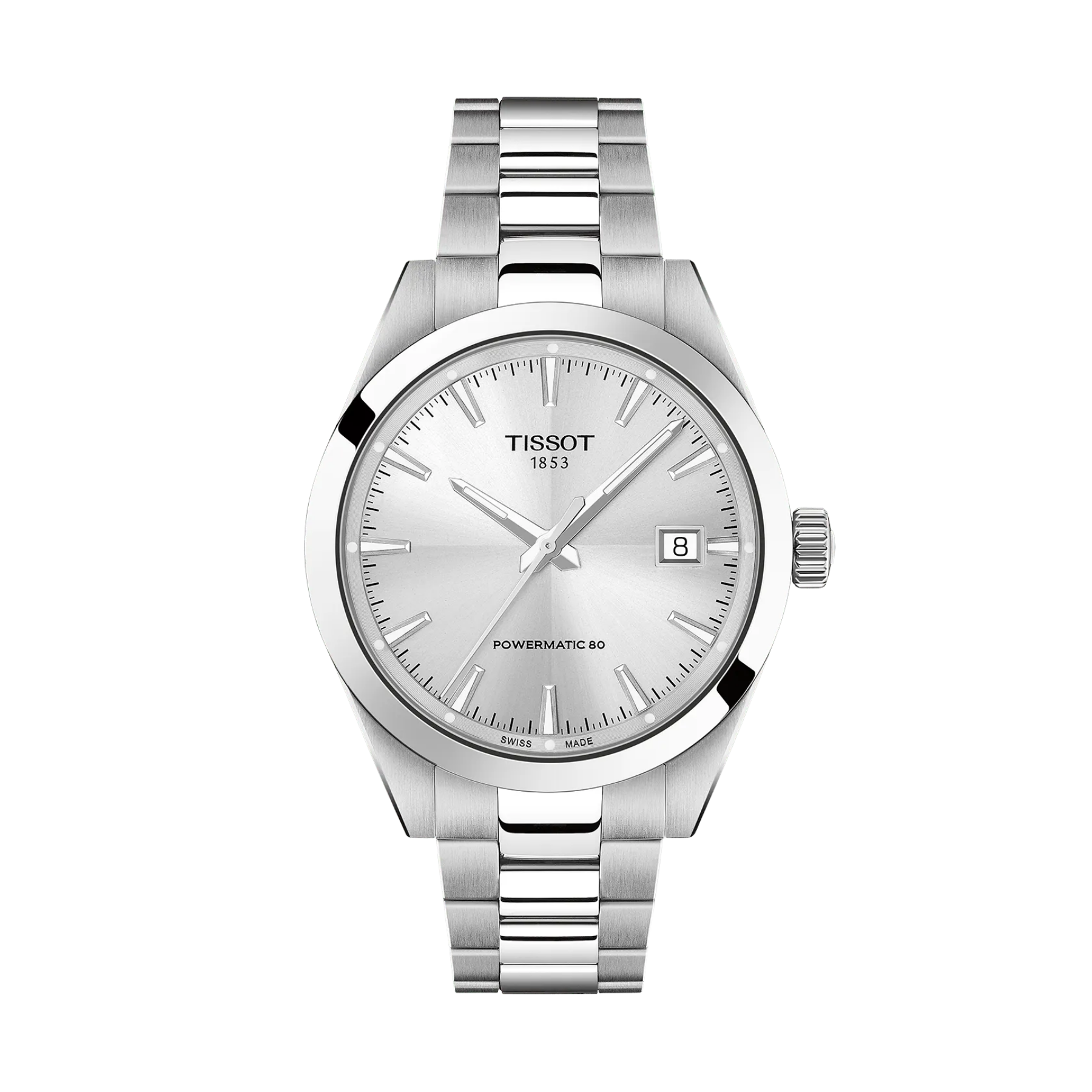 Silver Tissot watch with a white face on a white background