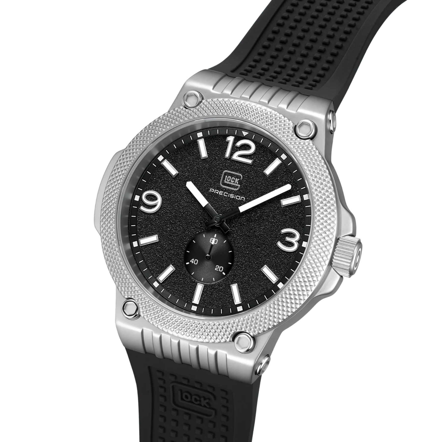Wristwatch with black dial and silver case on a white background