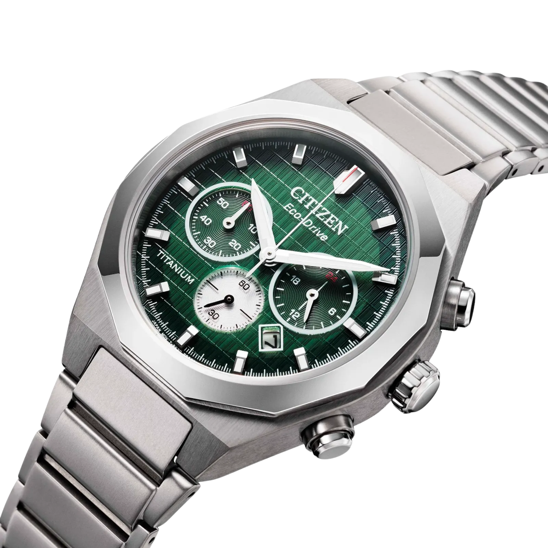 Silver Citizen watch with a green face on a white background