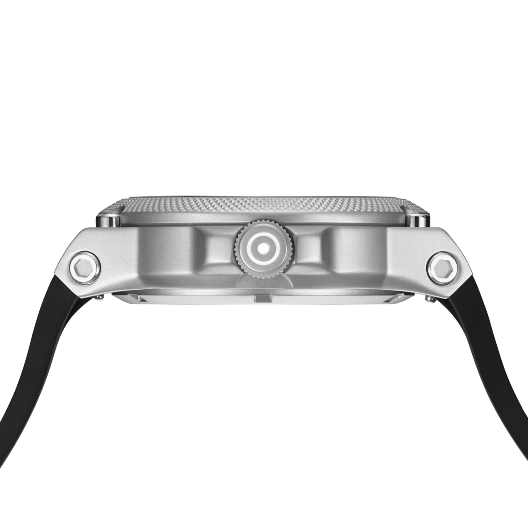 Close-up of a silver watch with a black strap on a white background
