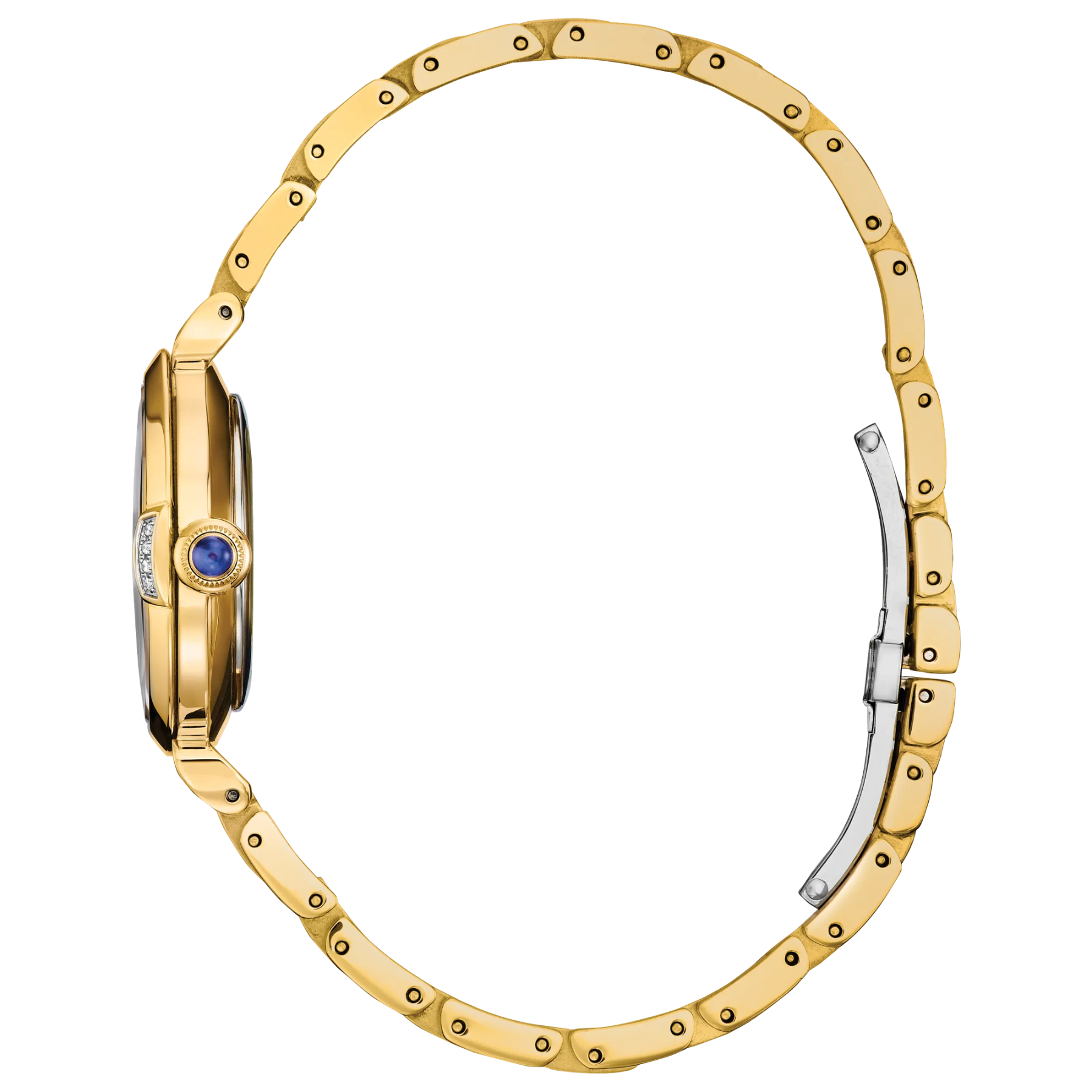 Gold watch with a blue gemstone on a white background