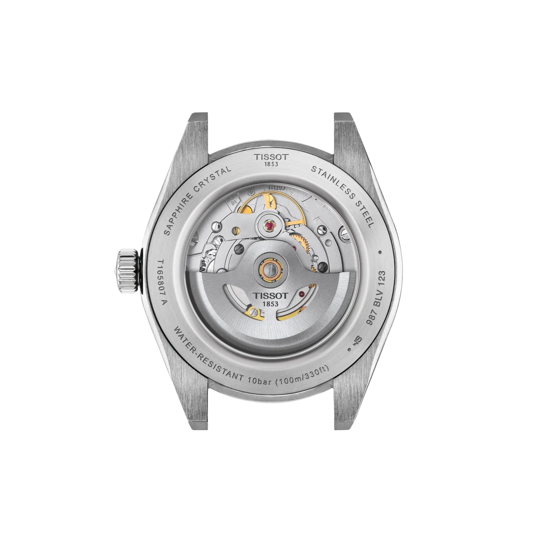 Back view of a Tissot watch with visible mechanical components on a white background