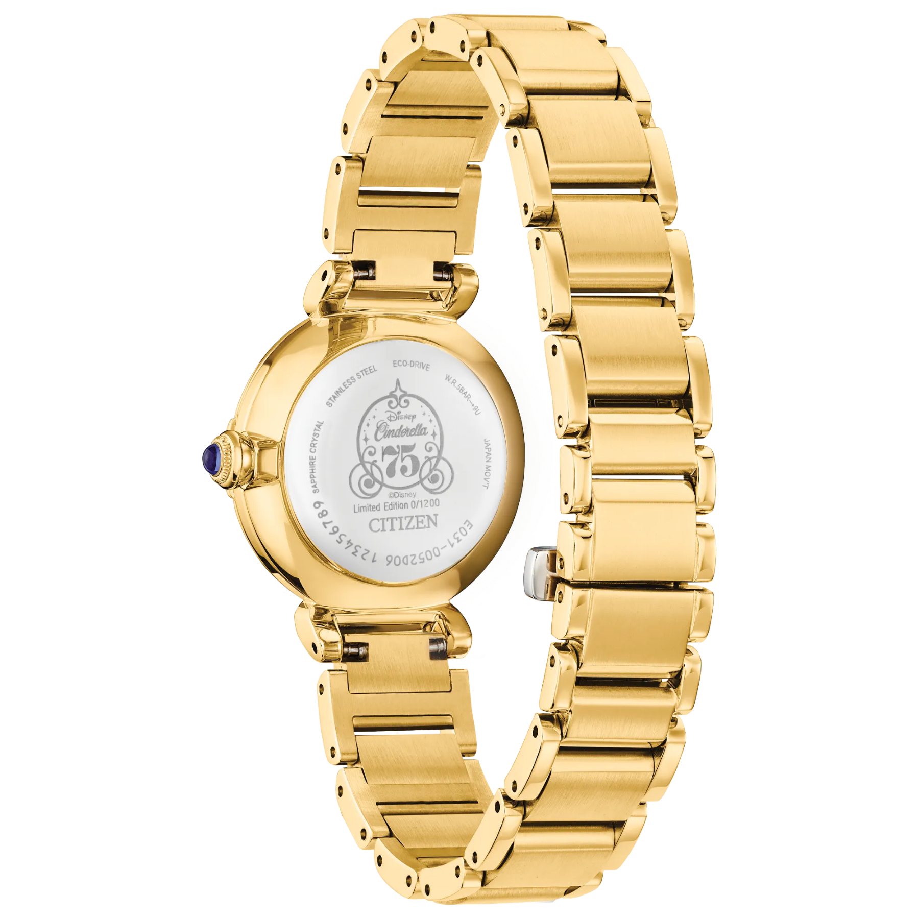 Gold watch with a visible brand logo on a white background
