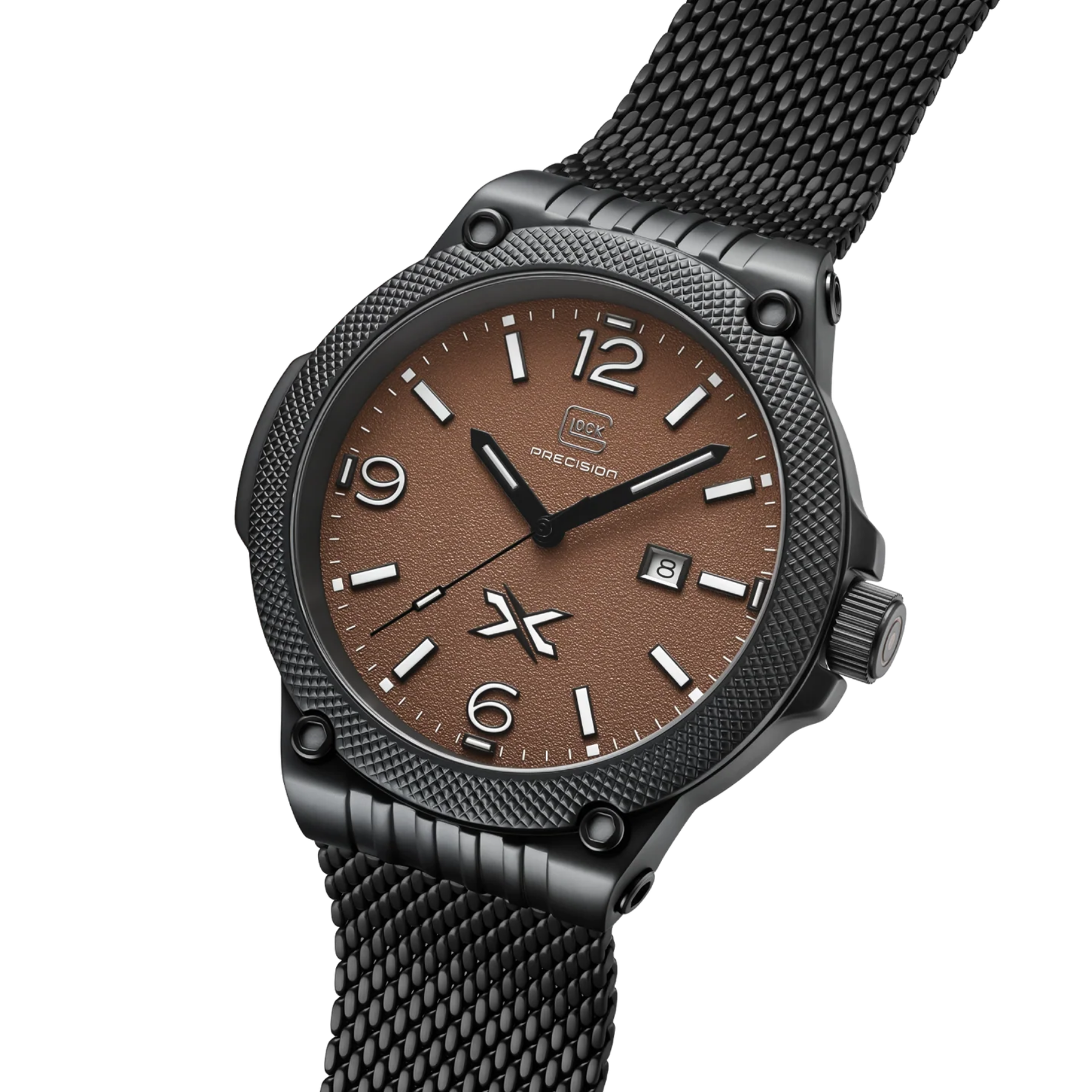 Black wristwatch with brown dial on a white background